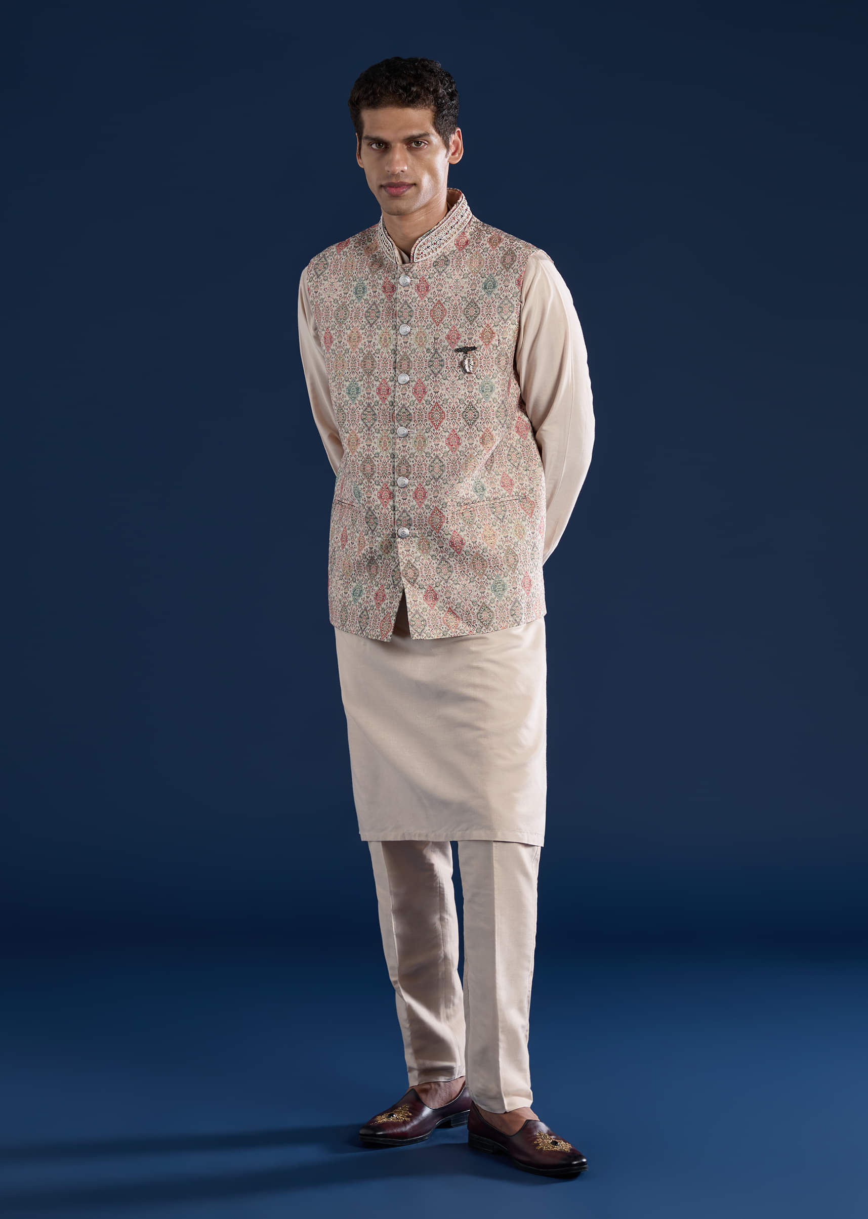 Beige Jacquard Silk Embroidered Jacket Kurta Set - Image 3