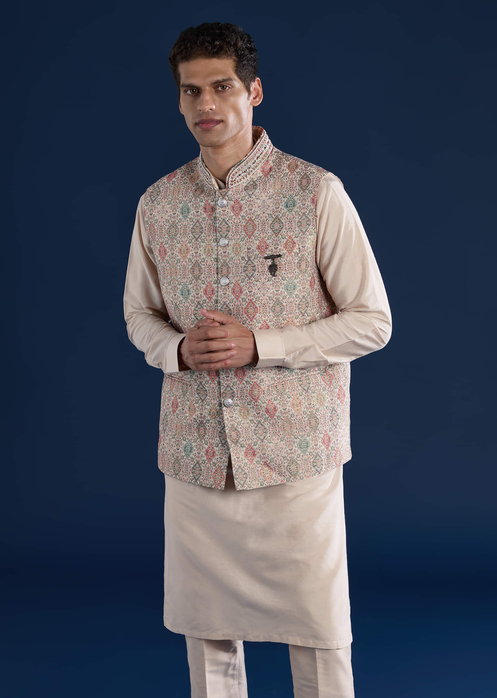 Beige Jacquard Silk Embroidered Jacket Kurta Set - Image 4