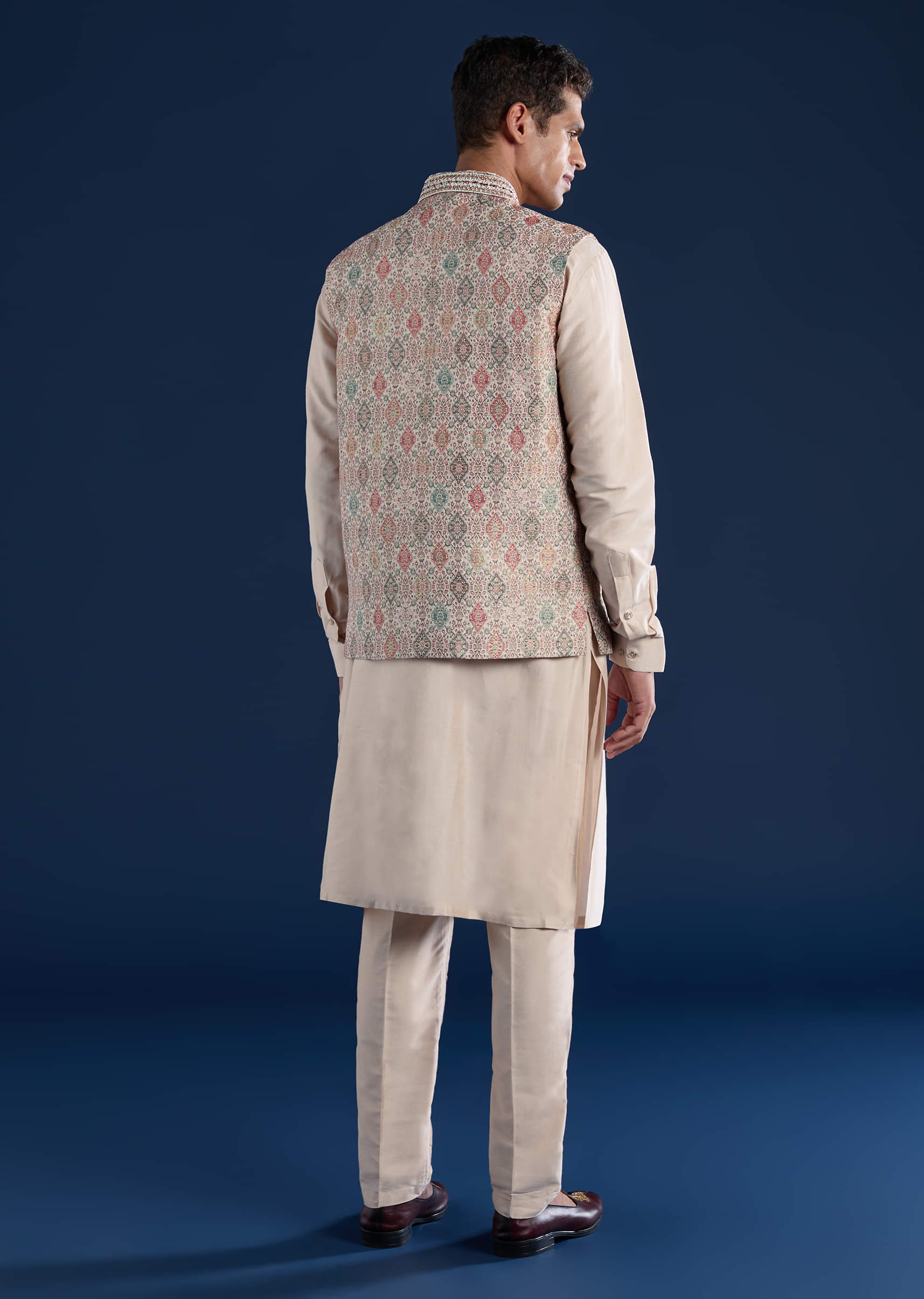 Beige Jacquard Silk Embroidered Jacket Kurta Set - Image 5