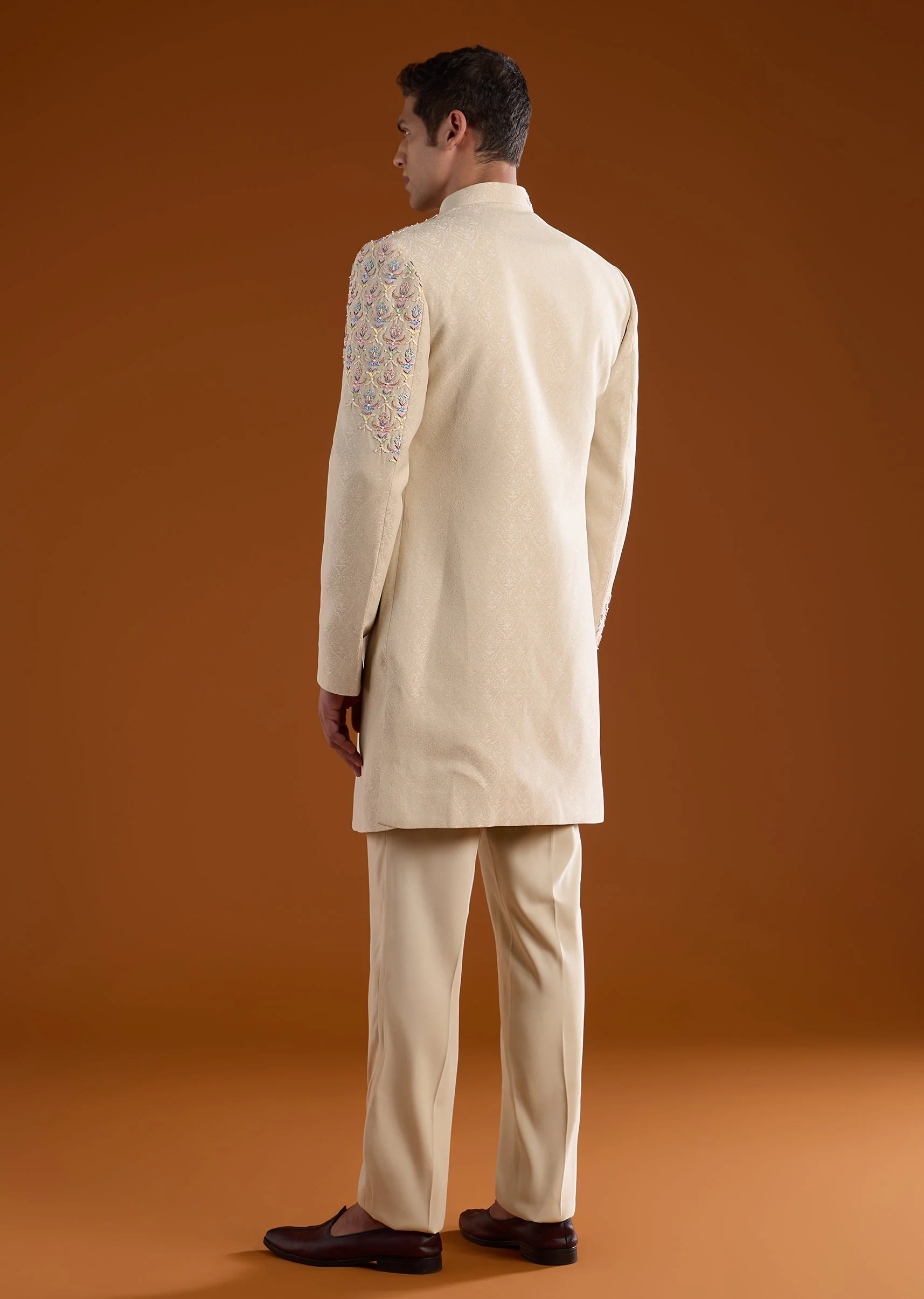 Beige Jacquard Silk Indowestern Embroidered Kurta Set - Image 5