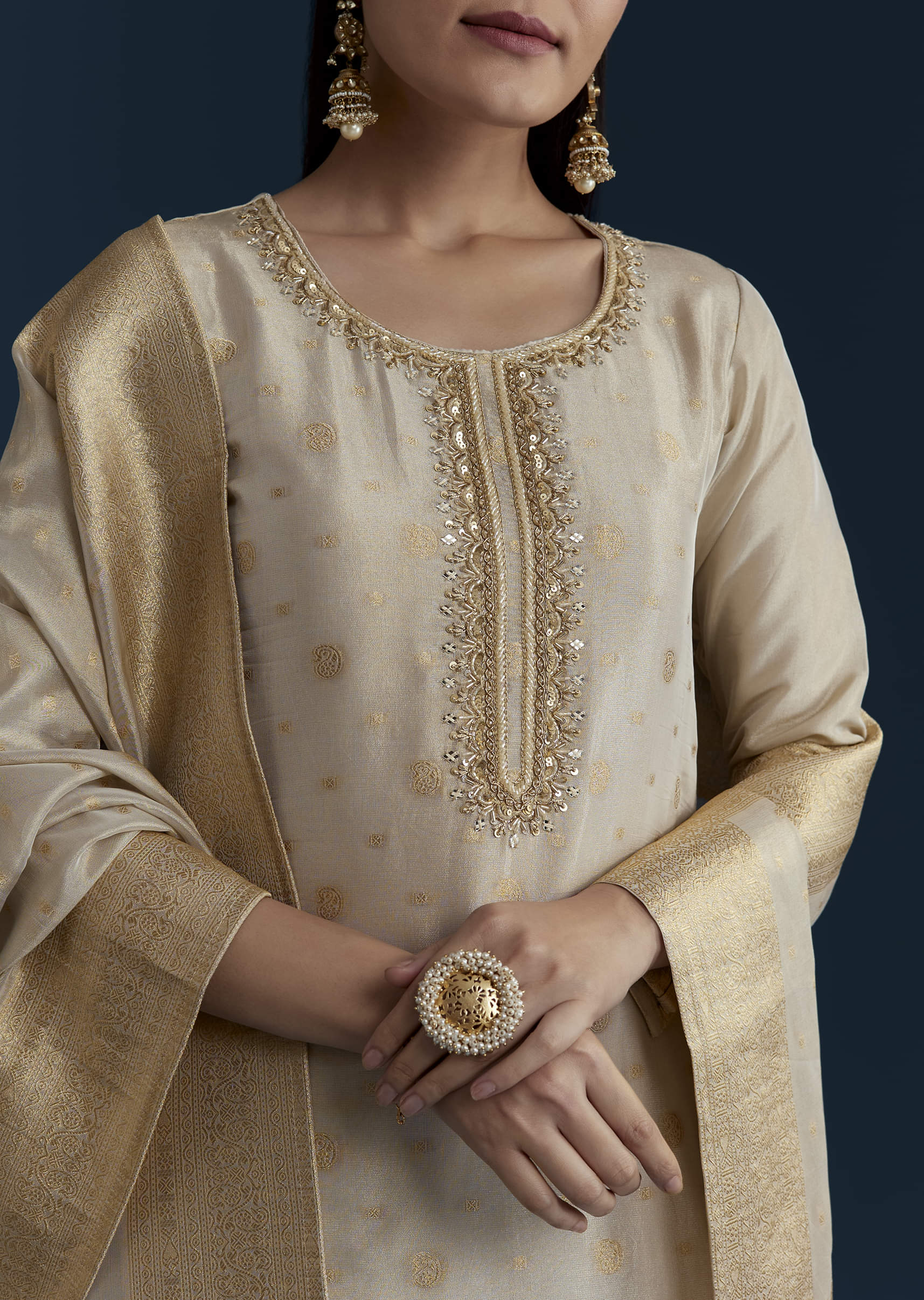 Beige Jacquard Weave Tissue Kurta Palazzo Set - Image 2