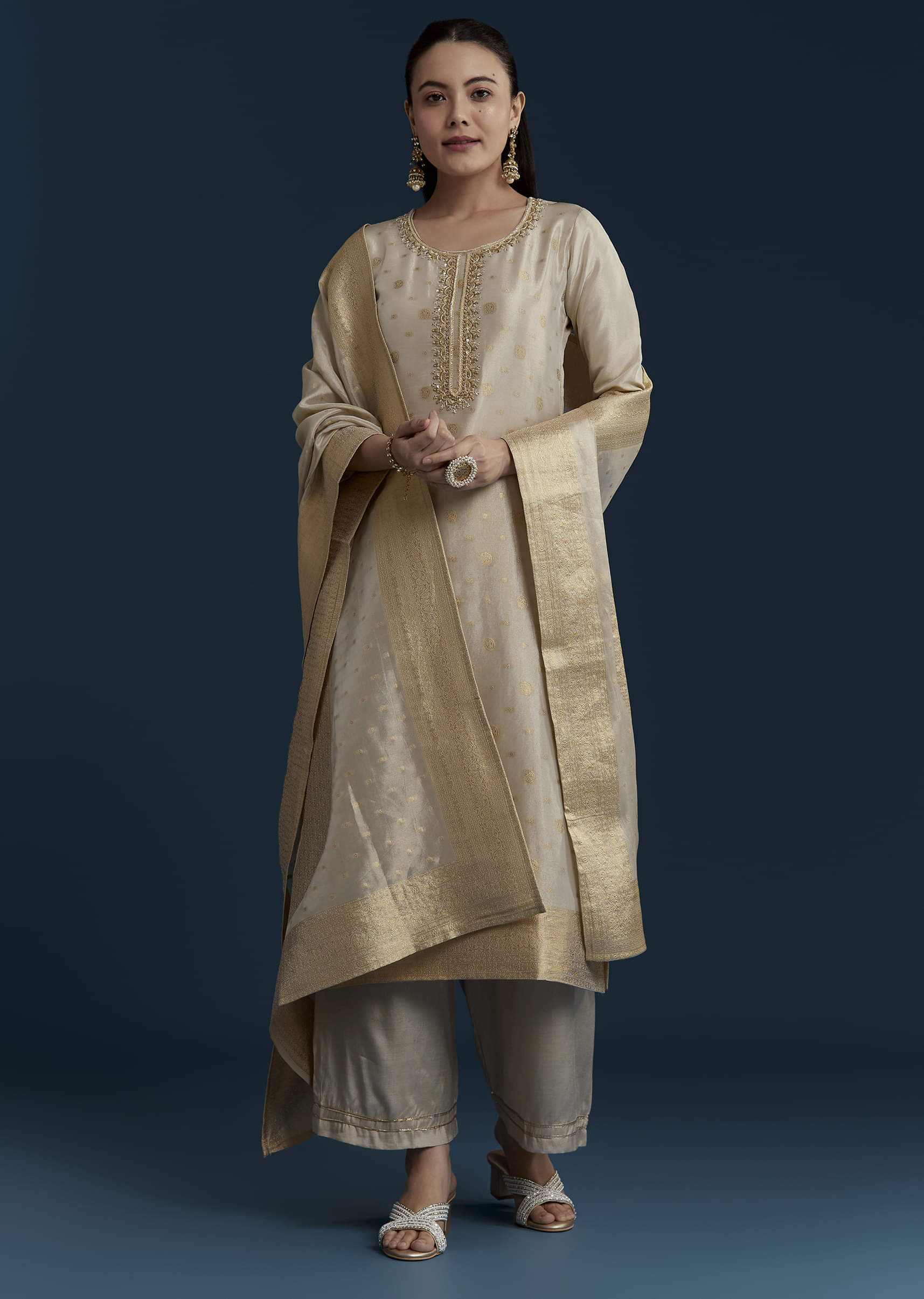 Beige Jacquard Weave Tissue Kurta Palazzo Set - Image 3