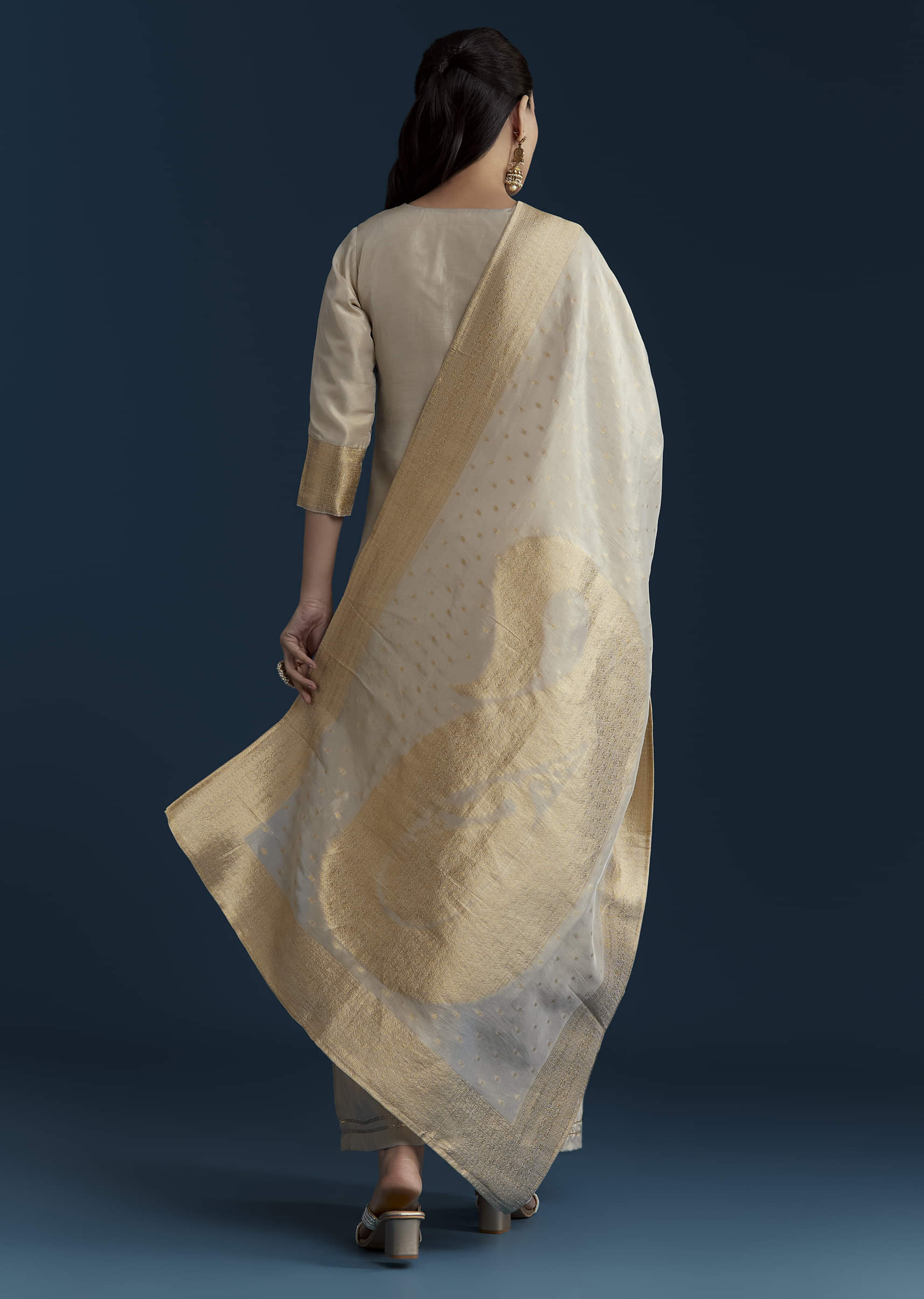 Beige Jacquard Weave Tissue Kurta Palazzo Set - Image 5