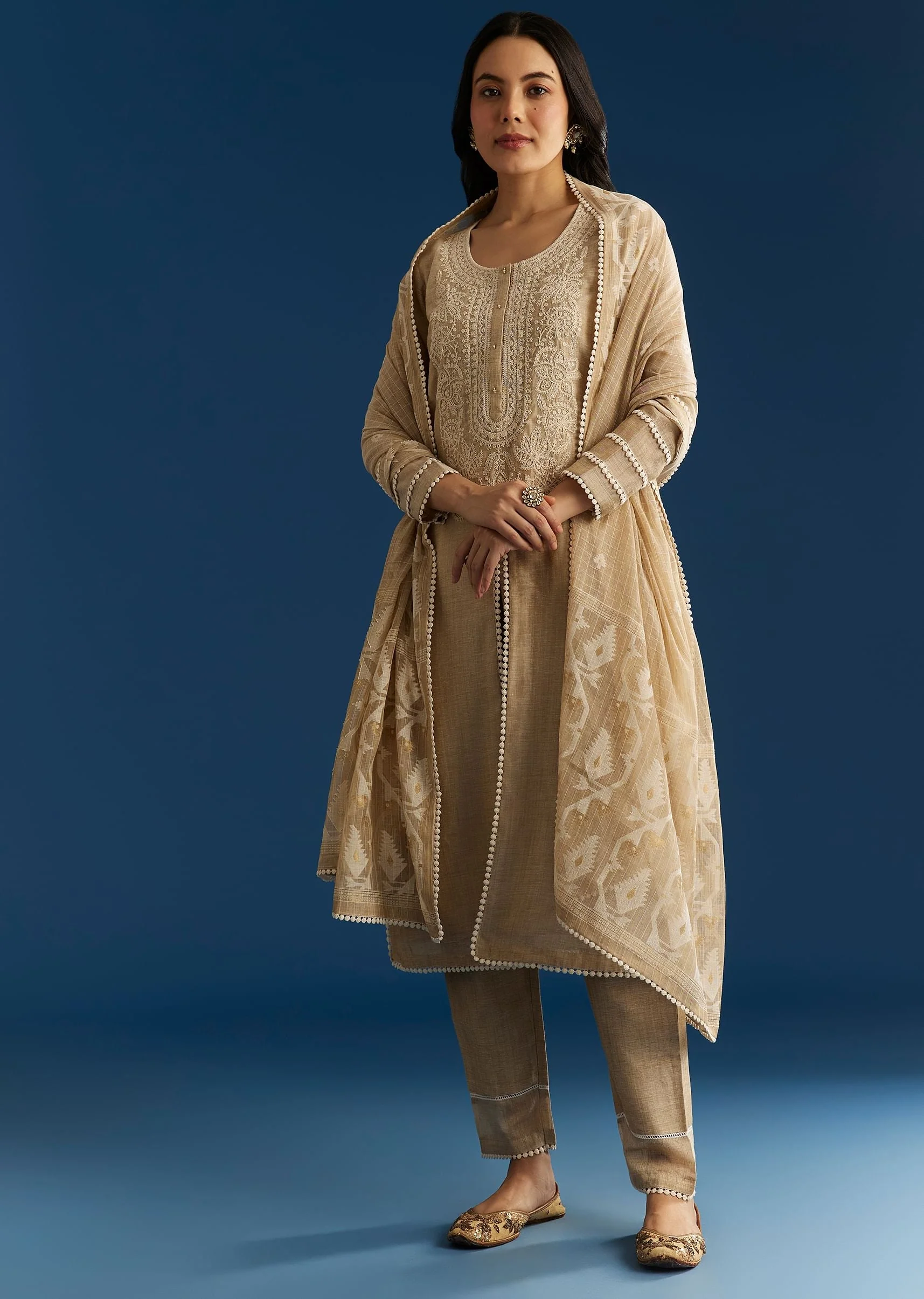 Beige Jamdani Kurta Set With Thread And Sequins Work