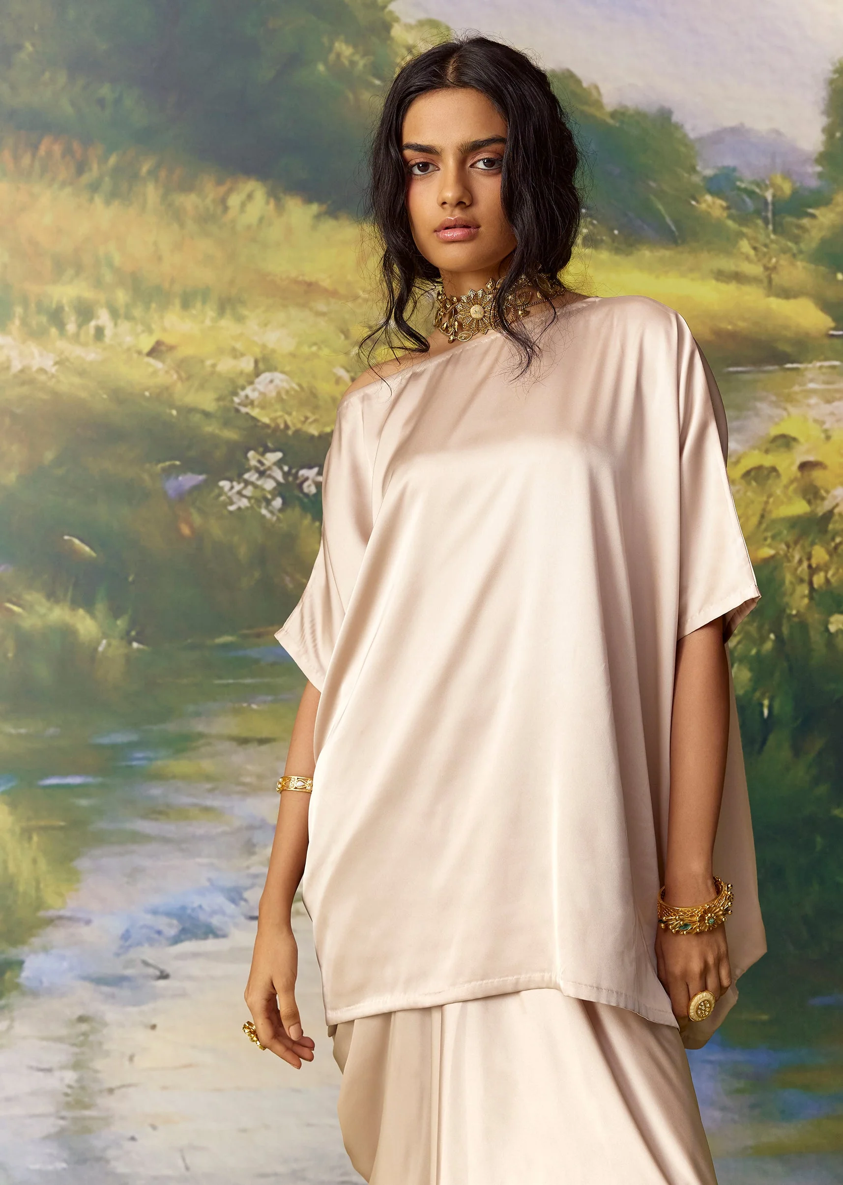 Beige Kaftan and Skirt Set with Metal Work - Image 5