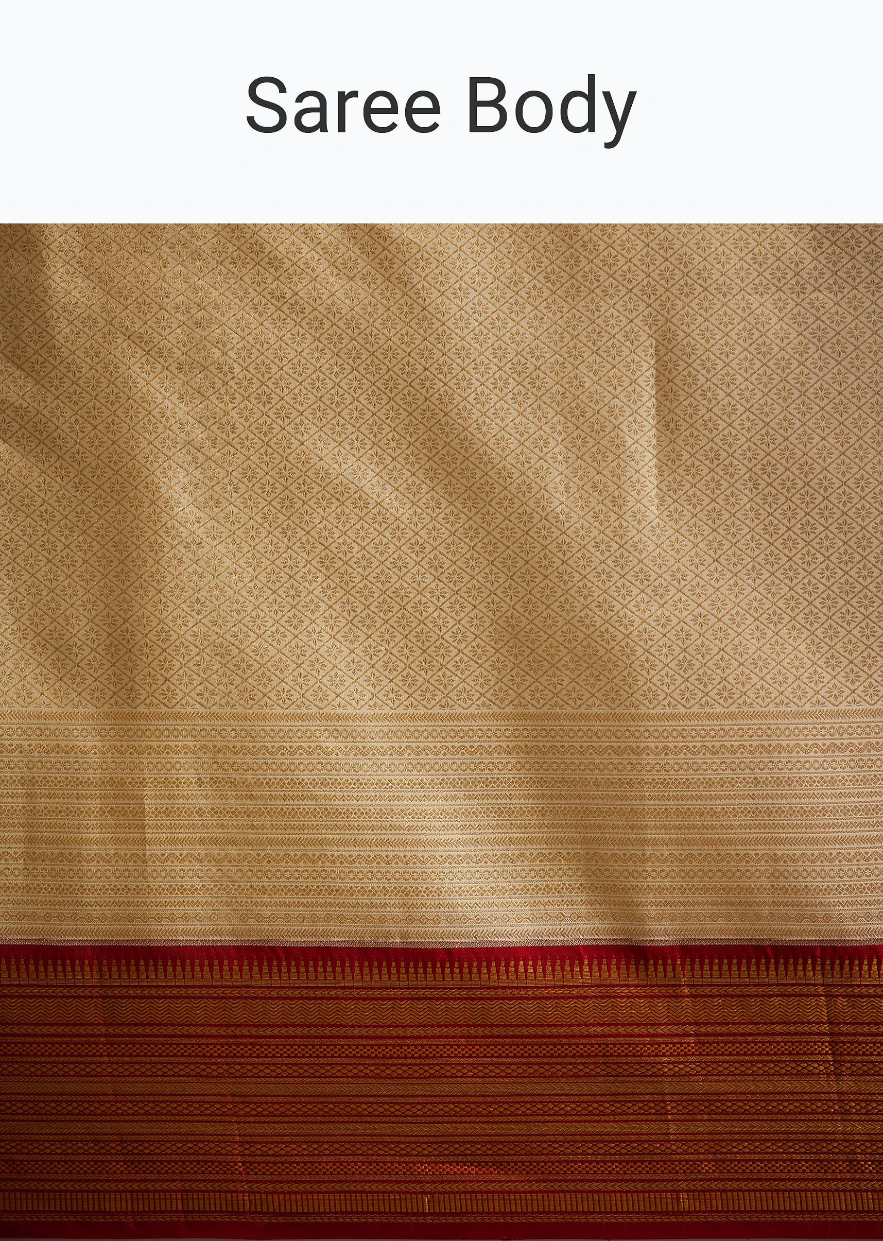 Beige Kanjivaram Silk Saree With Contrast Border - Image 10