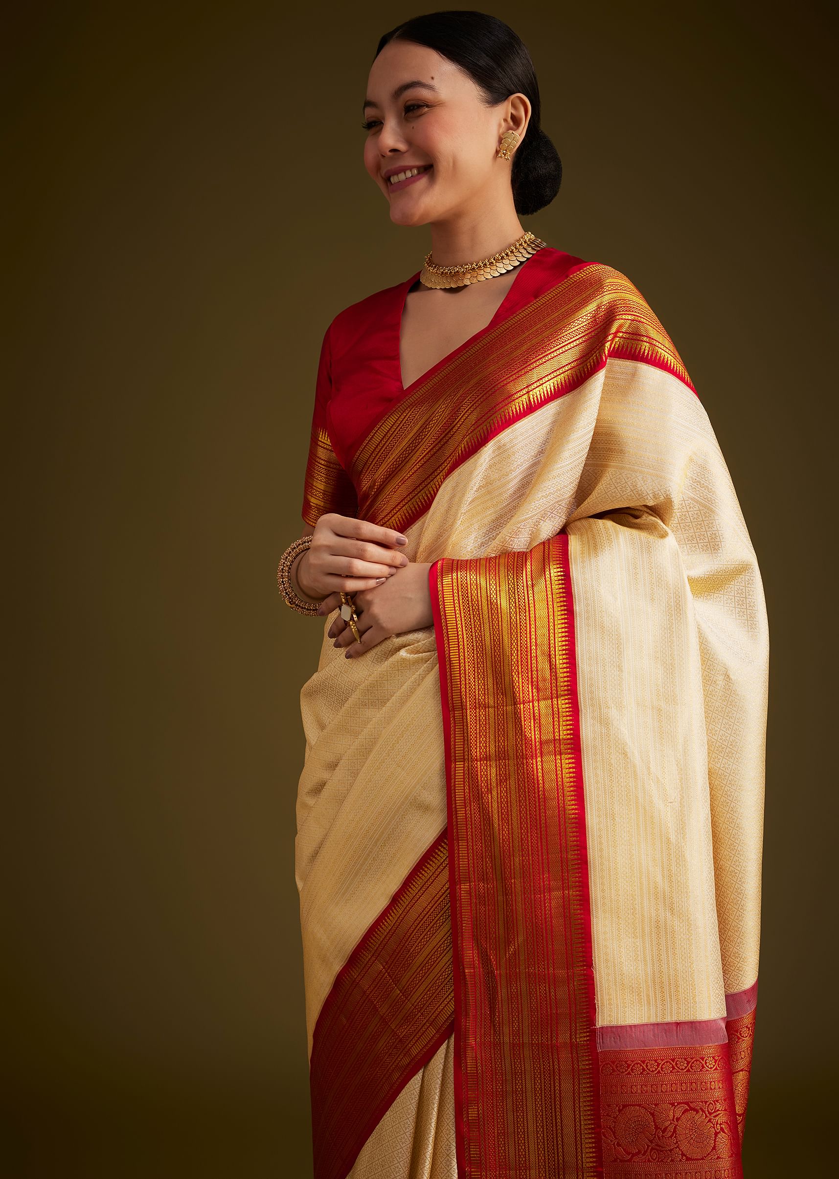 Beige Kanjivaram Silk Saree With Contrast Border - Image 2