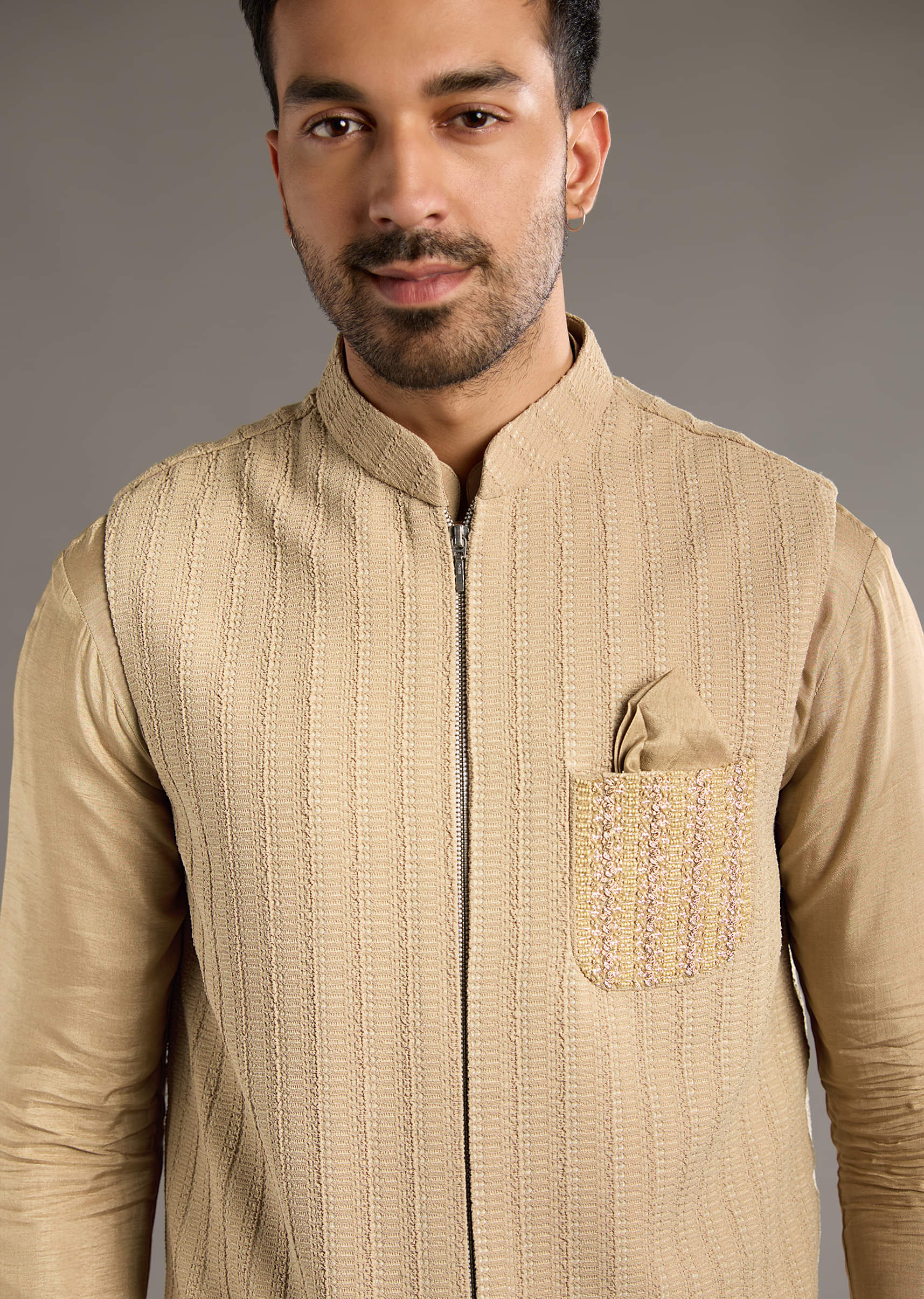 Beige Kurta Jacket Set For Men With Beads And Resham Work - Image 2
