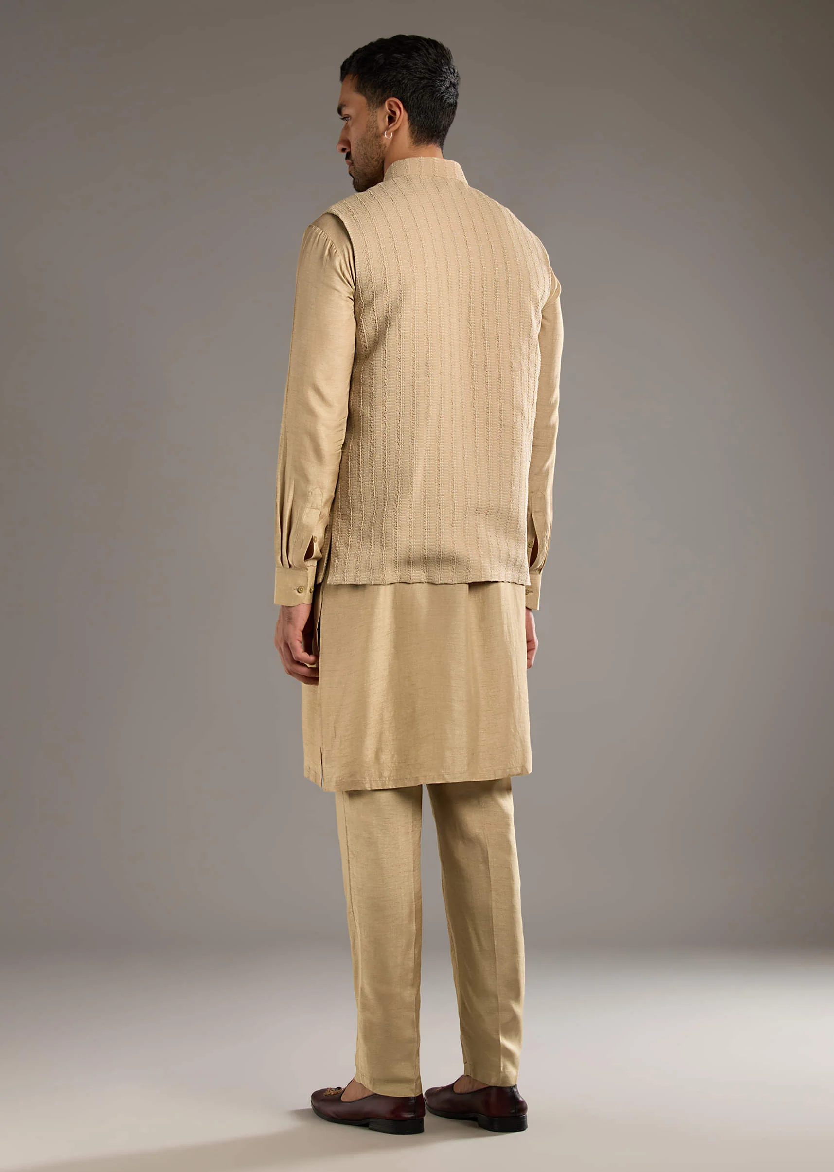 Beige Kurta Jacket Set For Men With Beads And Resham Work - Image 5