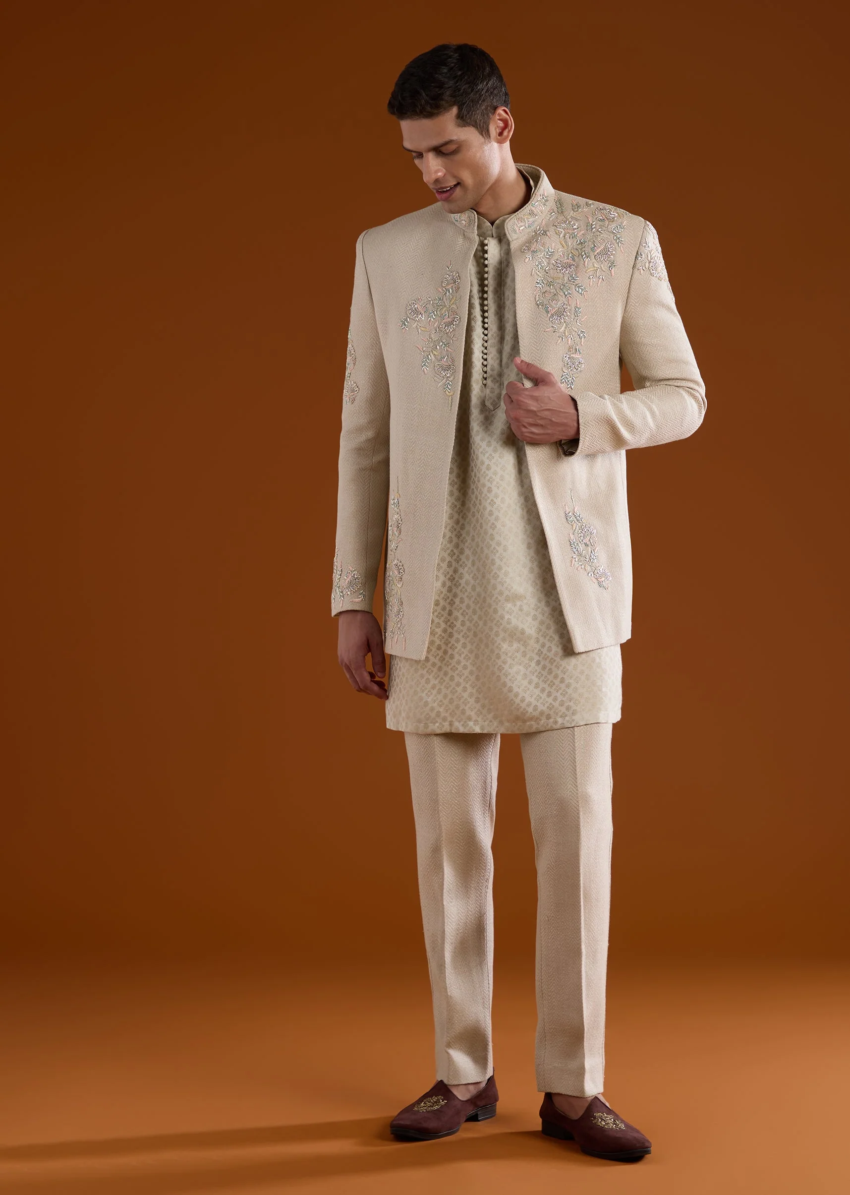 Beige Kurta Jacket Set With Thread Sequins And Cut Dana Work