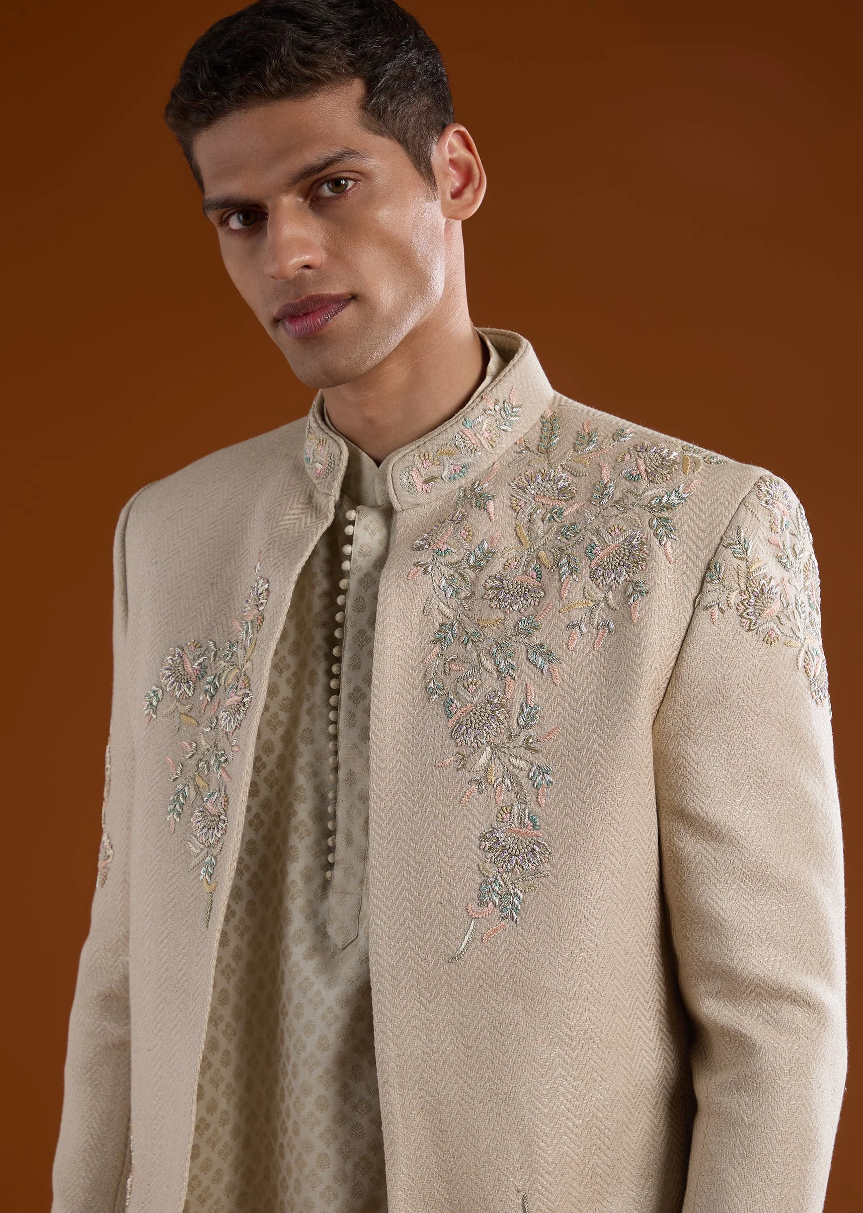 Beige Kurta Jacket Set With Thread Sequins And Cut Dana Work - Image 2