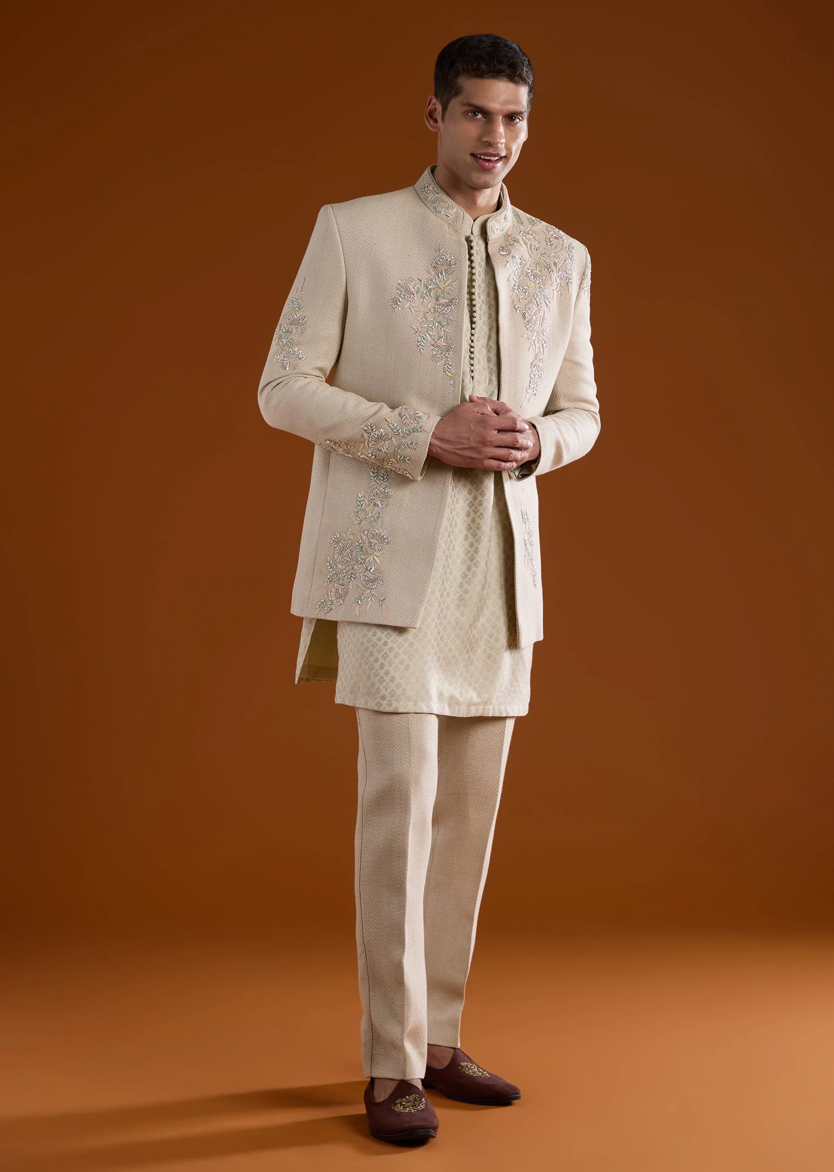 Beige Kurta Jacket Set With Thread Sequins And Cut Dana Work - Image 3