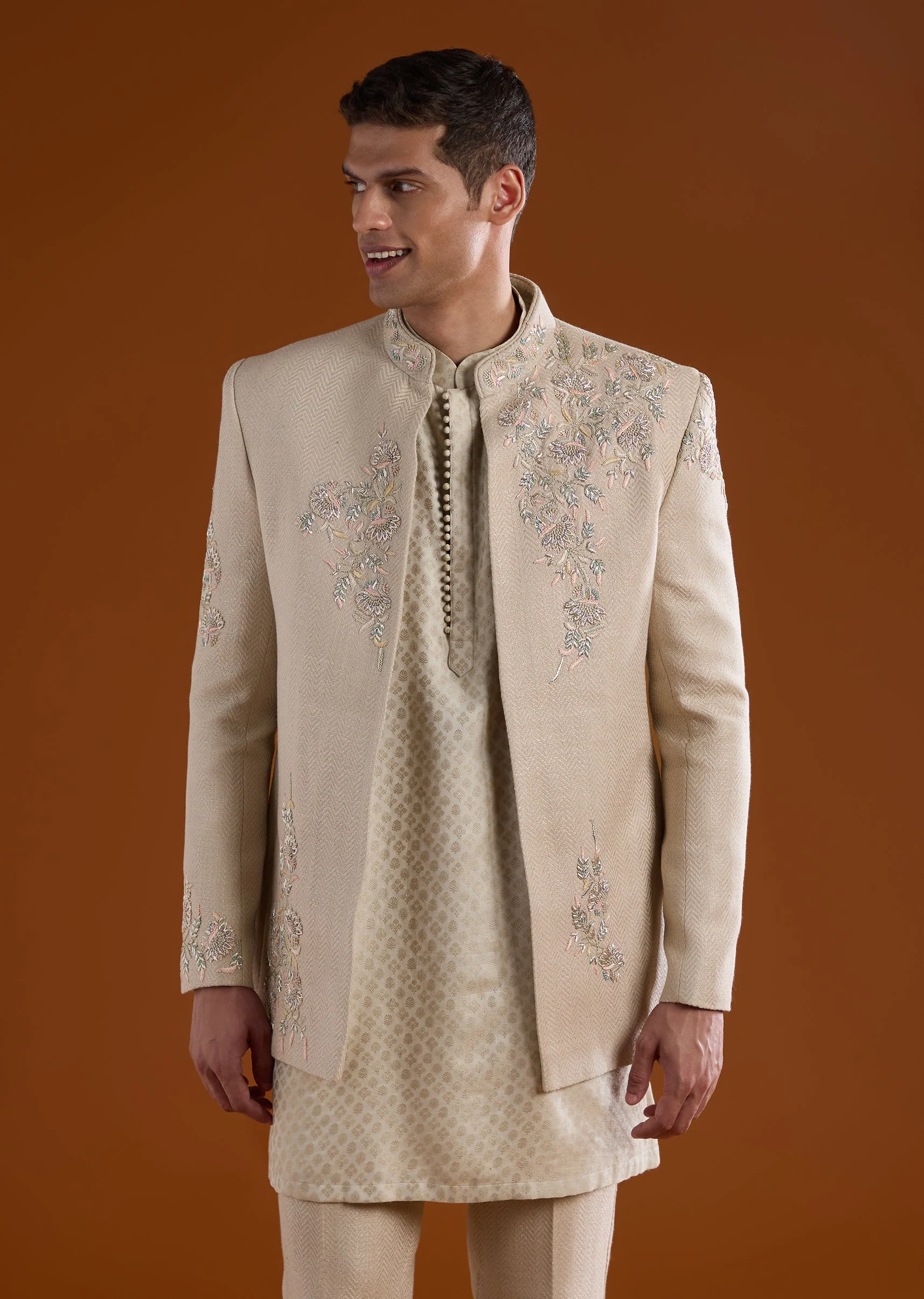 Beige Kurta Jacket Set With Thread Sequins And Cut Dana Work - Image 4