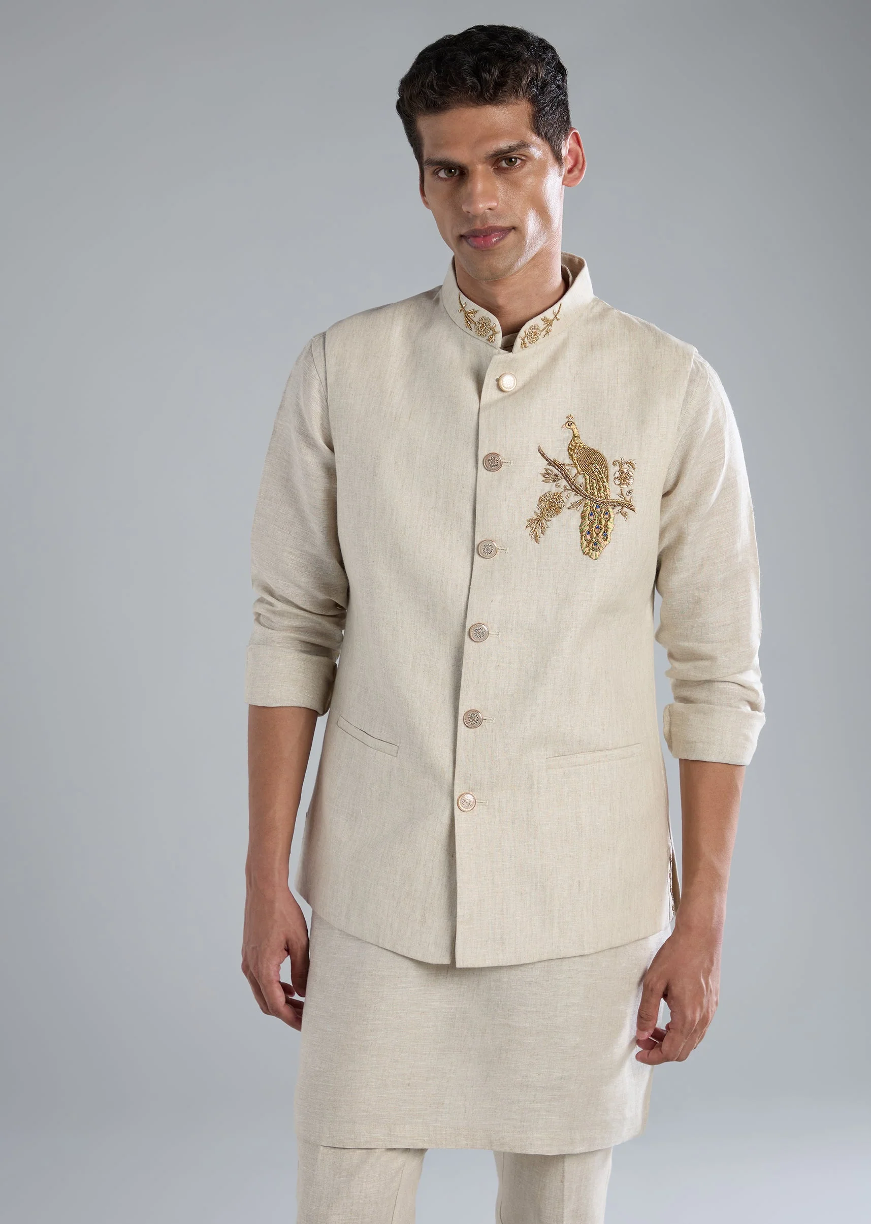 Beige Kurta Jacket Set With Zardosi Hand Work - Image 4