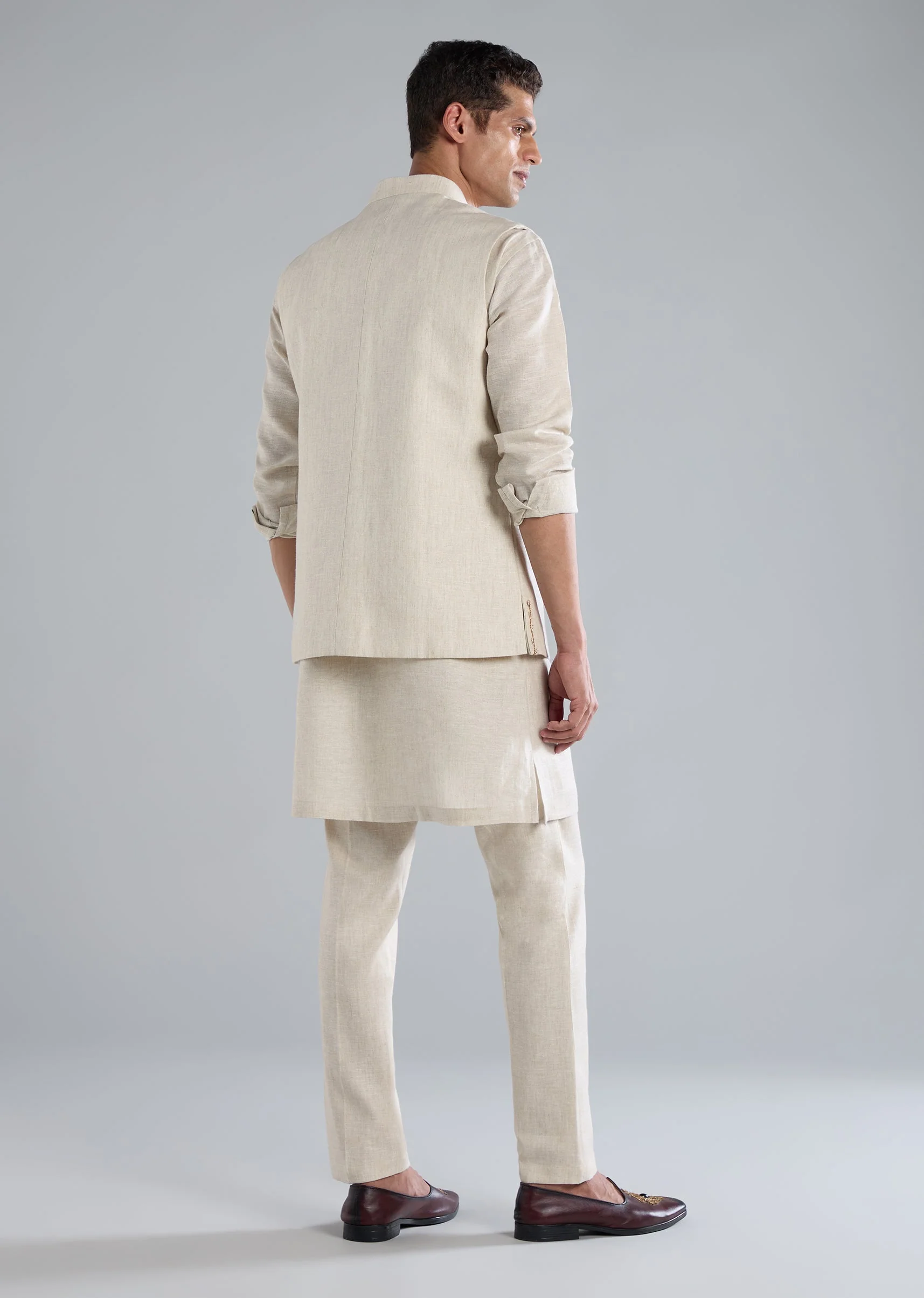 Beige Kurta Jacket Set With Zardosi Hand Work - Image 5