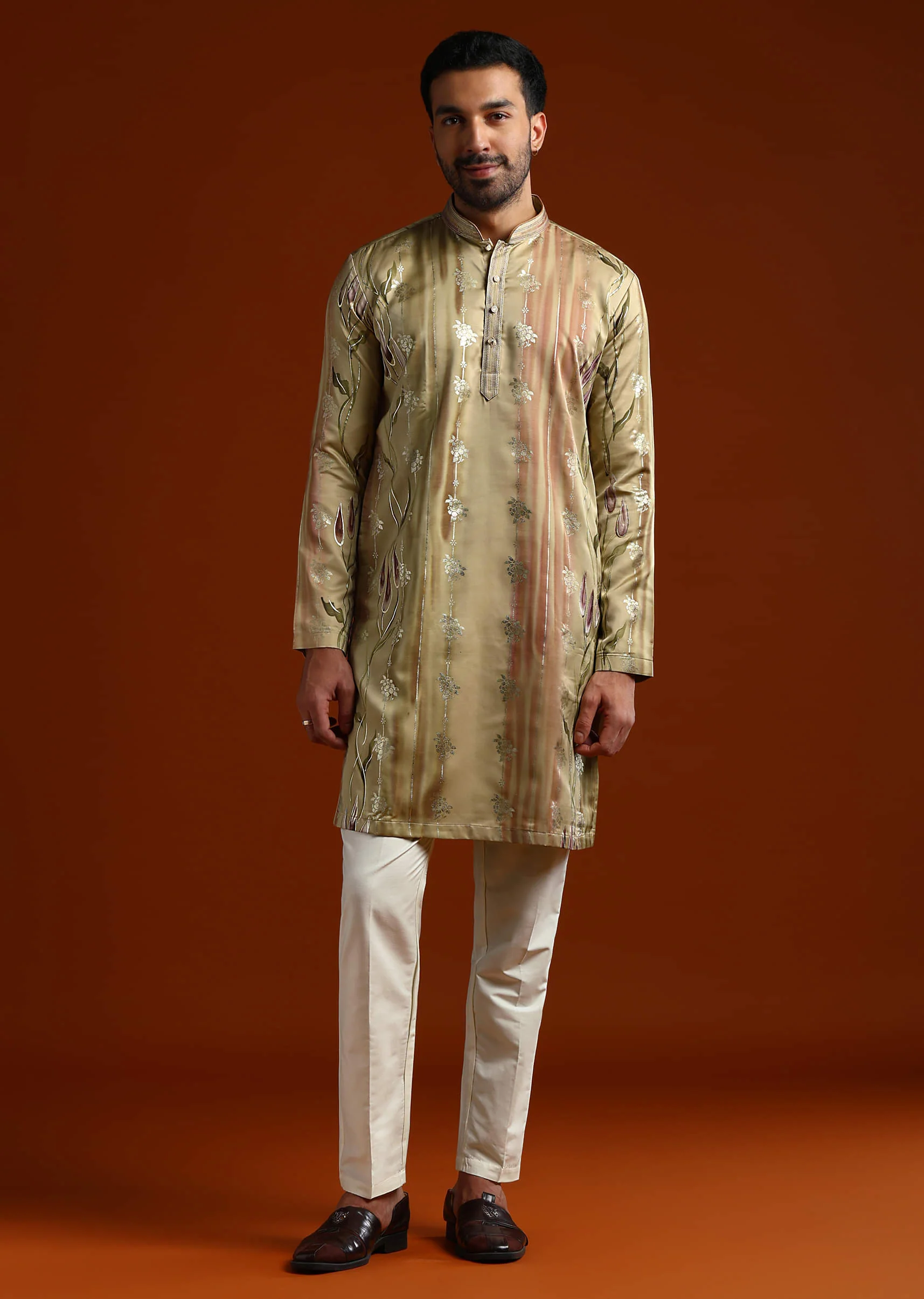 Beige Kurta Set For Men With Ethnic Motif Work - Image 3