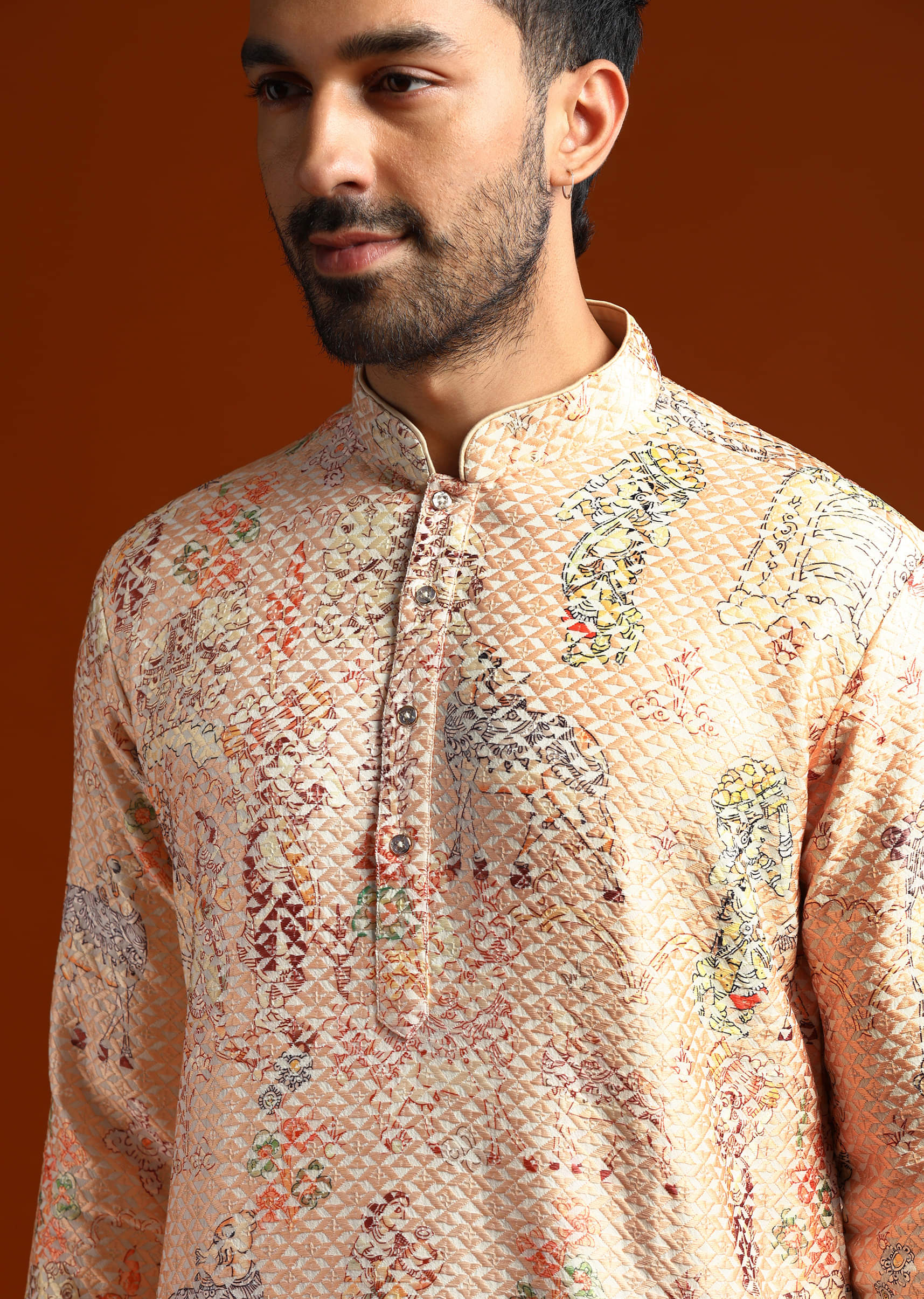 Beige Kurta Set For Men With Print And Sequins Embroidery - Image 2
