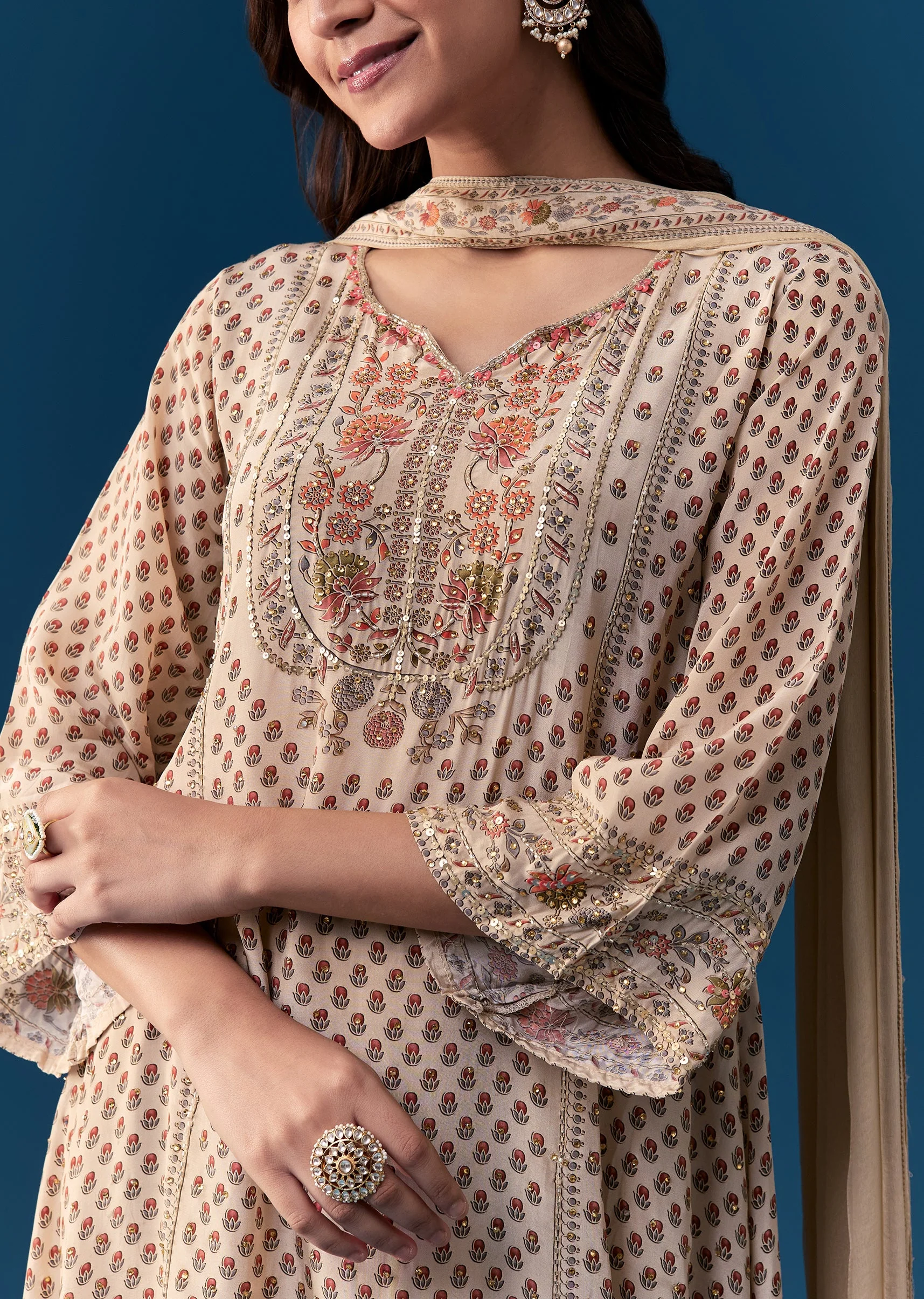 Beige Kurta Set With Sequins And Stone Work - Image 2