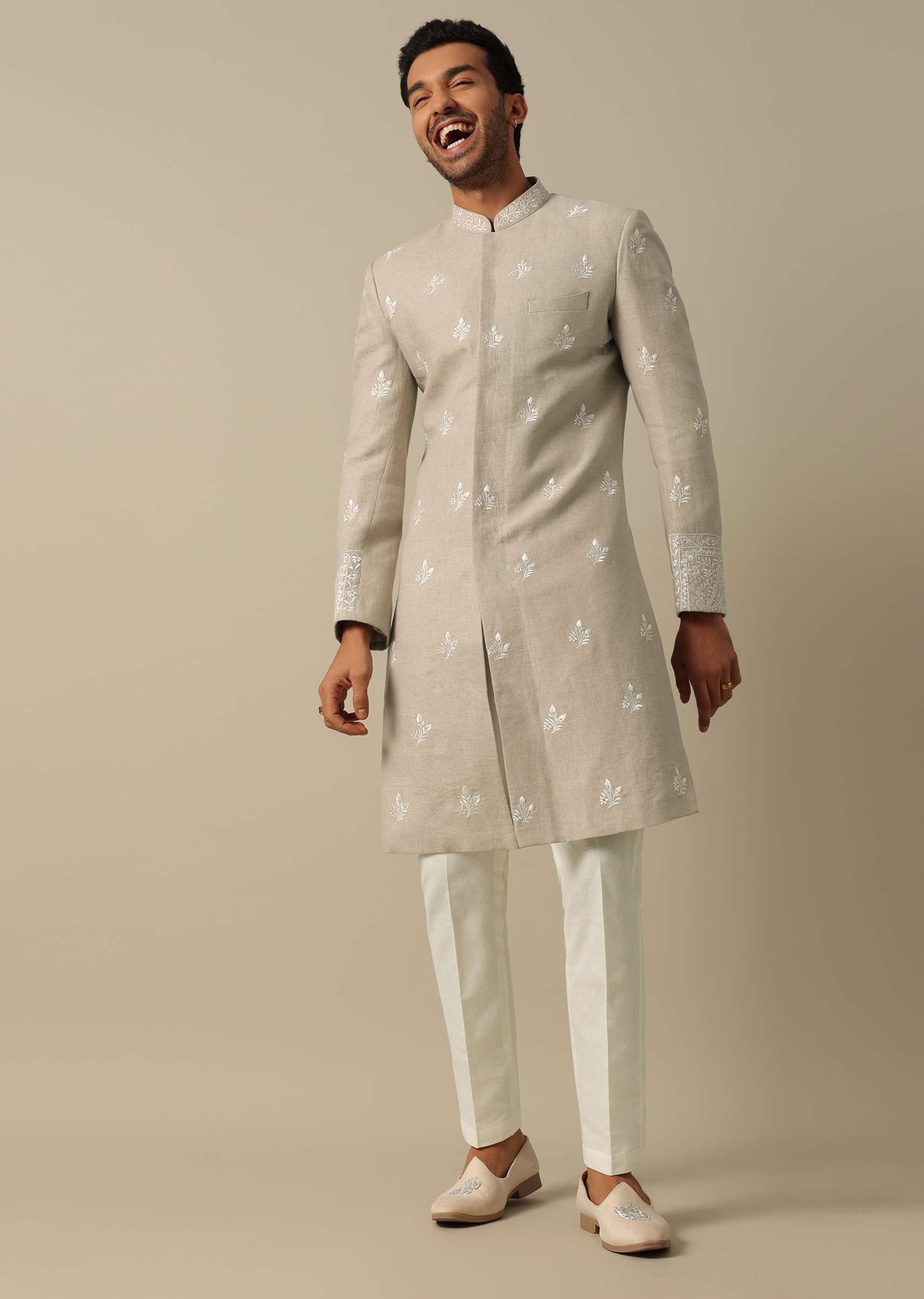 Beige Linen Indowestern Sherwani Set - Image 6