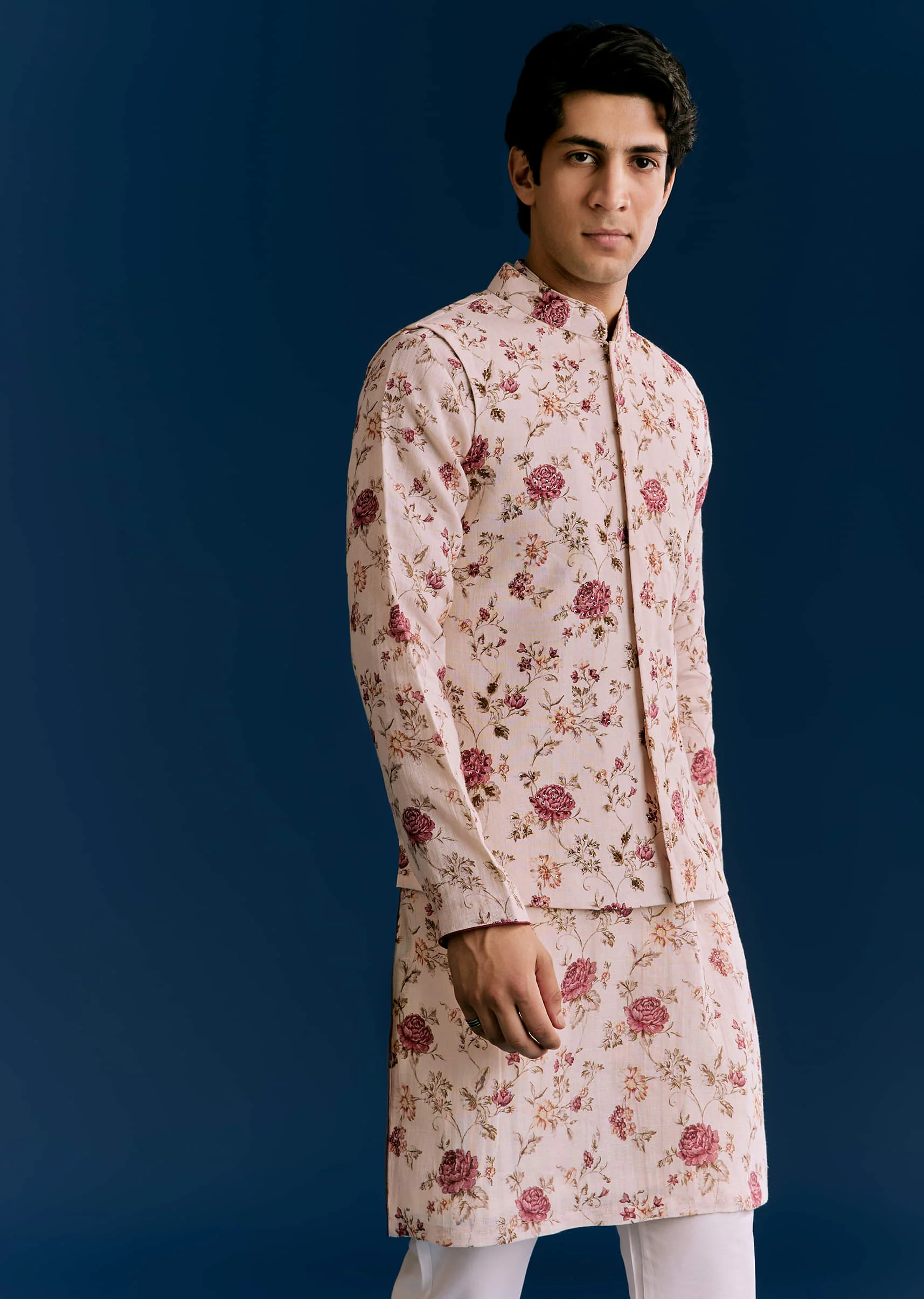 Beige Linen Kurta Jacket Set With Sequins And Thread Embroidery