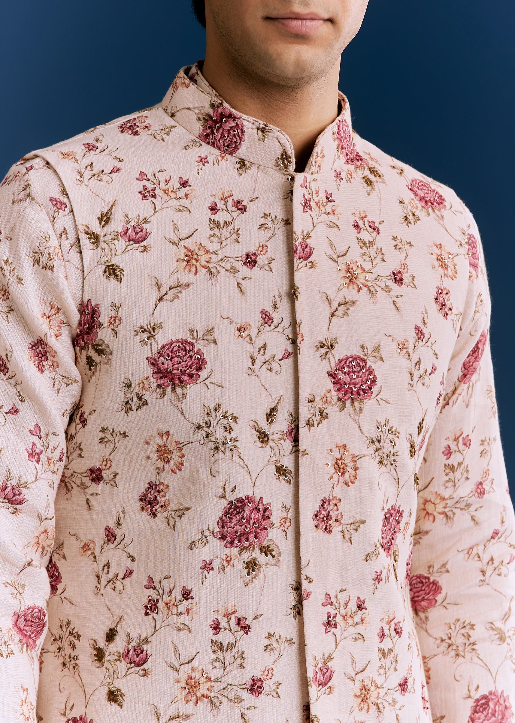 Beige Linen Kurta Jacket Set With Sequins And Thread Embroidery - Image 3