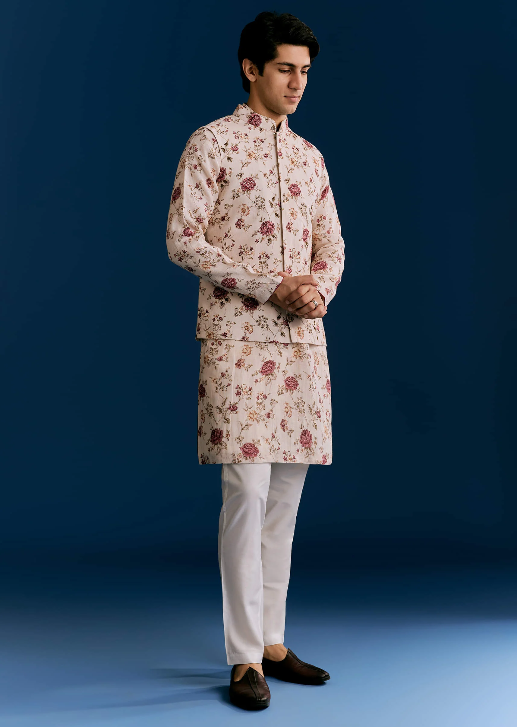 Beige Linen Kurta Jacket Set With Sequins And Thread Embroidery - Image 4