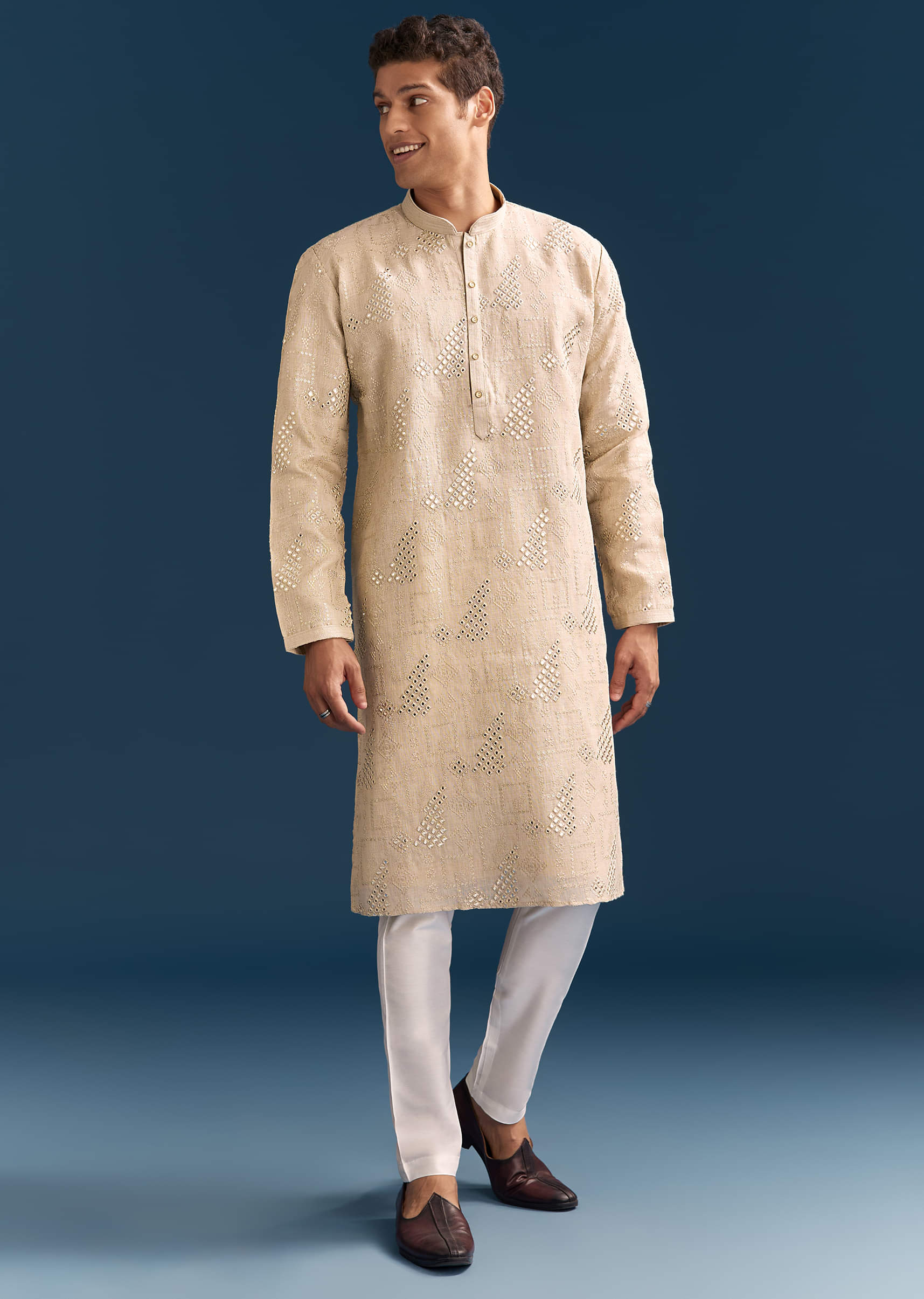 Beige Linen Kurta Set For Men With Mirror Embroidery - Image 2