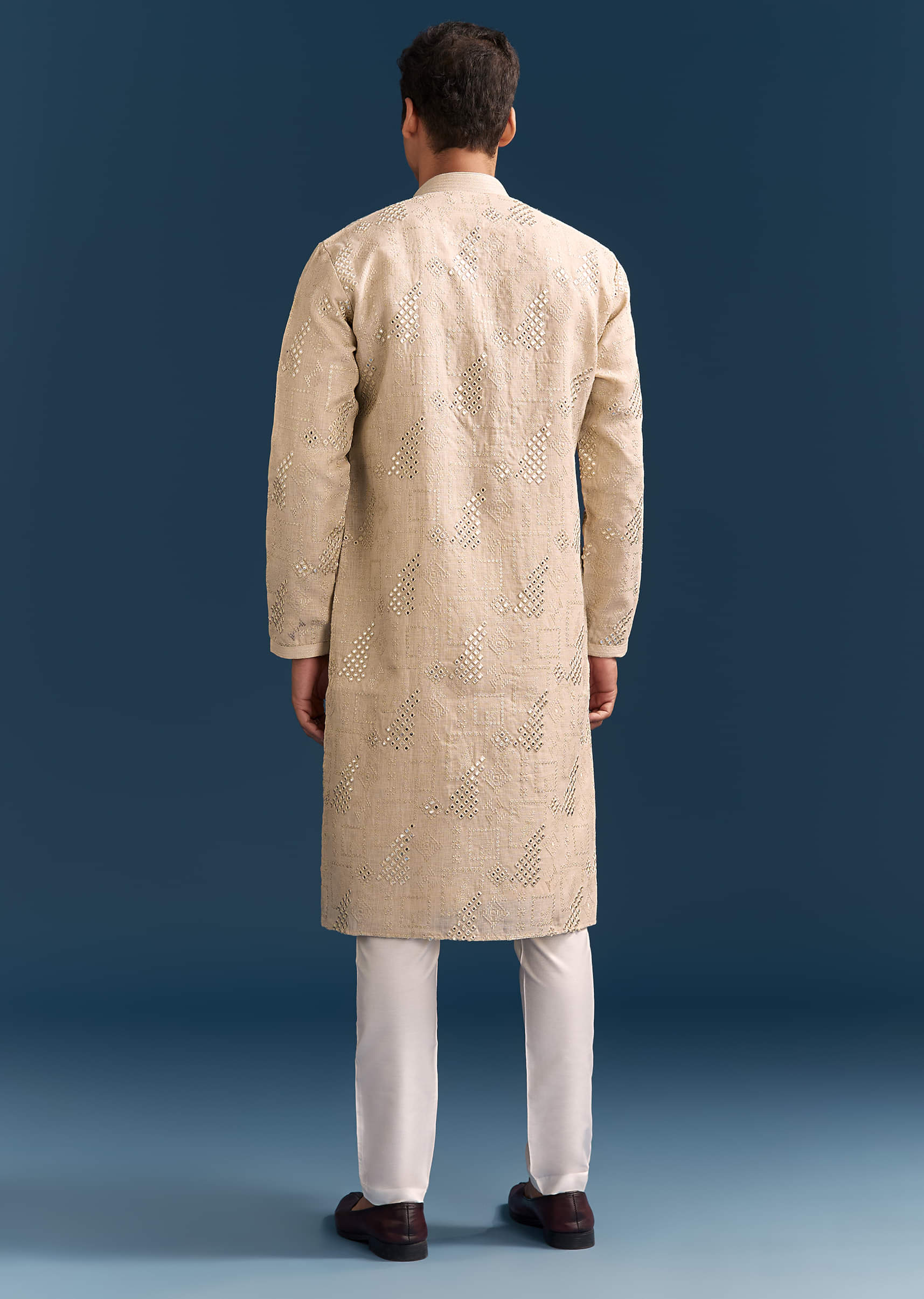 Beige Linen Kurta Set For Men With Mirror Embroidery - Image 5