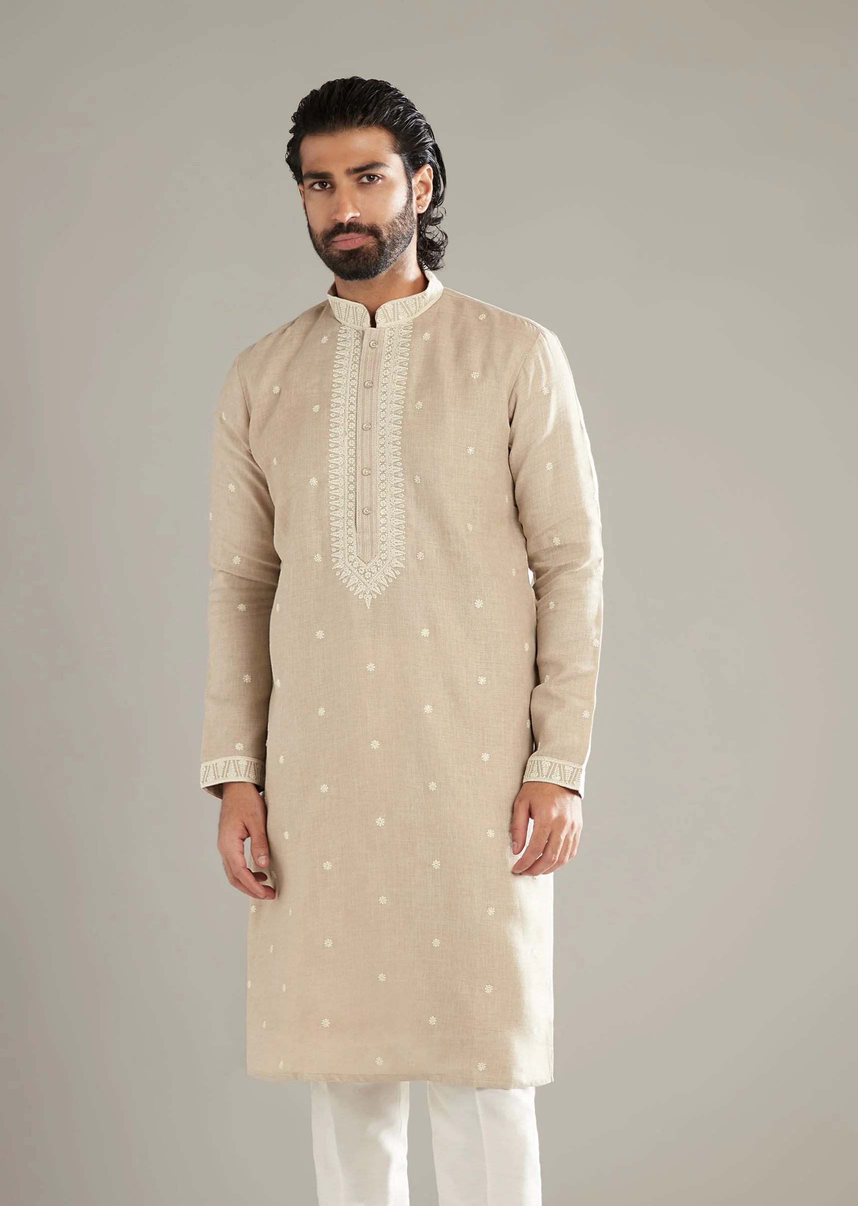 Beige Linen Kurta Set For Men With Resham Hand Work - Image 4