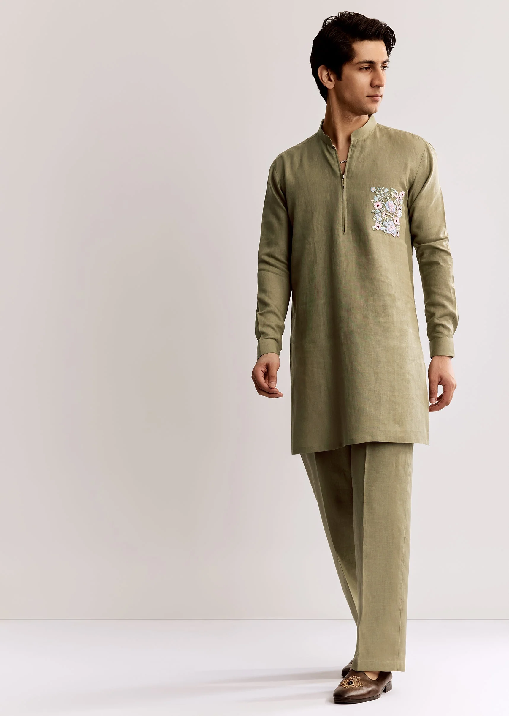 Beige Linen Kurta Set With Embroidery - Image 2