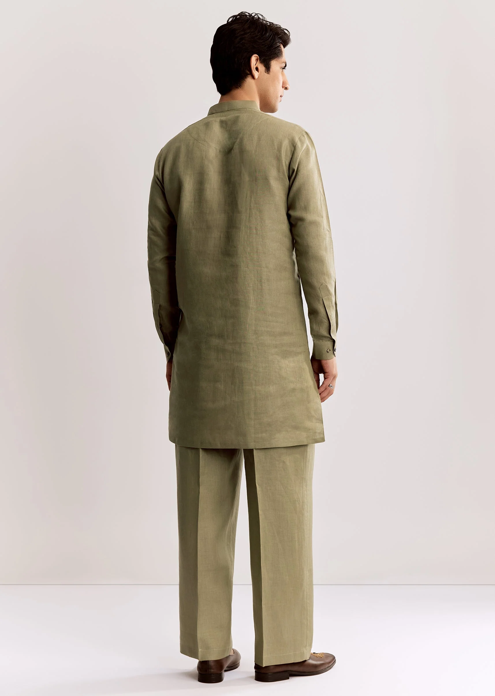 Beige Linen Kurta Set With Embroidery - Image 5