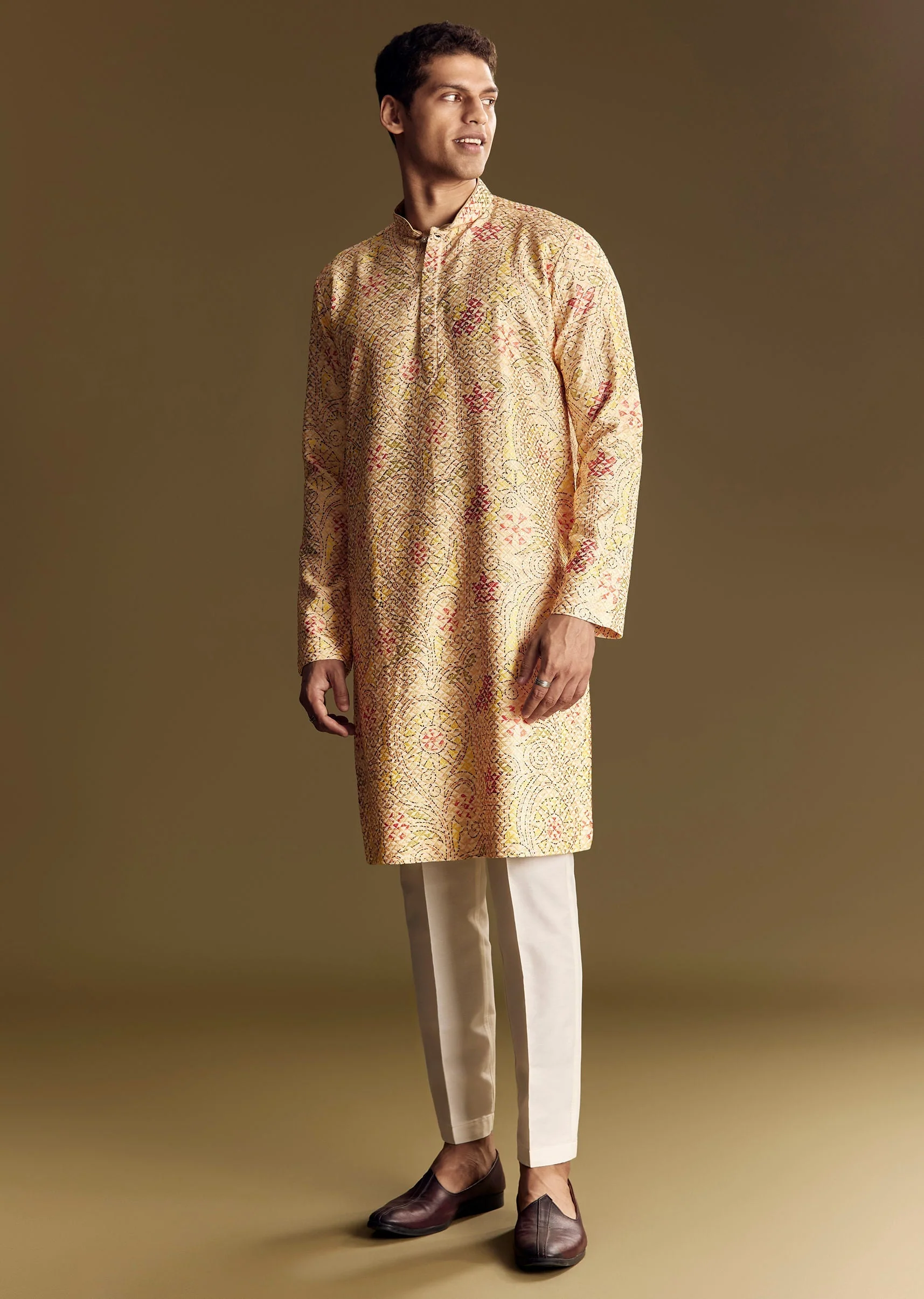 Beige Linen Kurta Set With Minimalist Detailing - Image 4