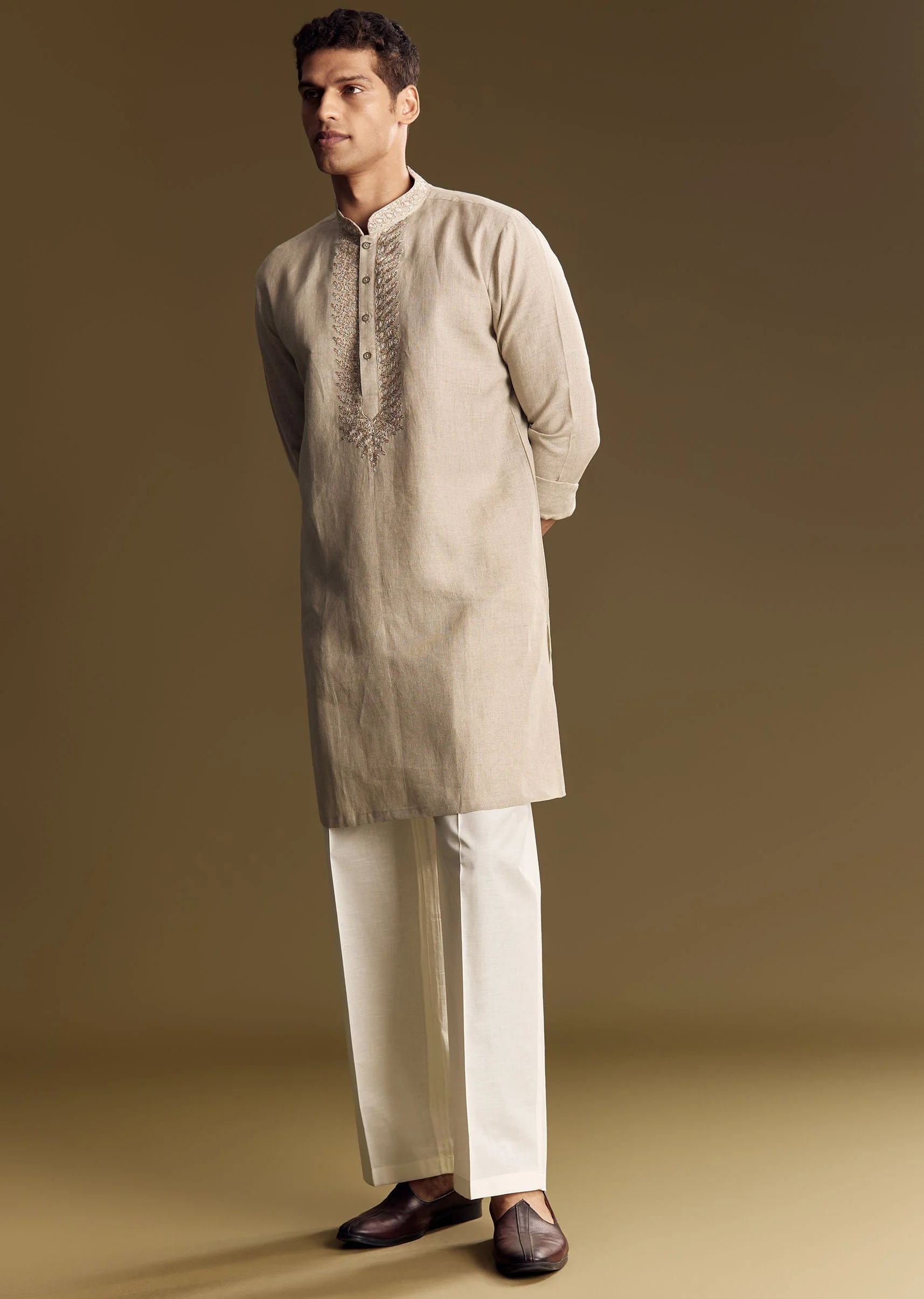 Beige Linen Kurta Set With Thread And Sequin Accents - Image 4
