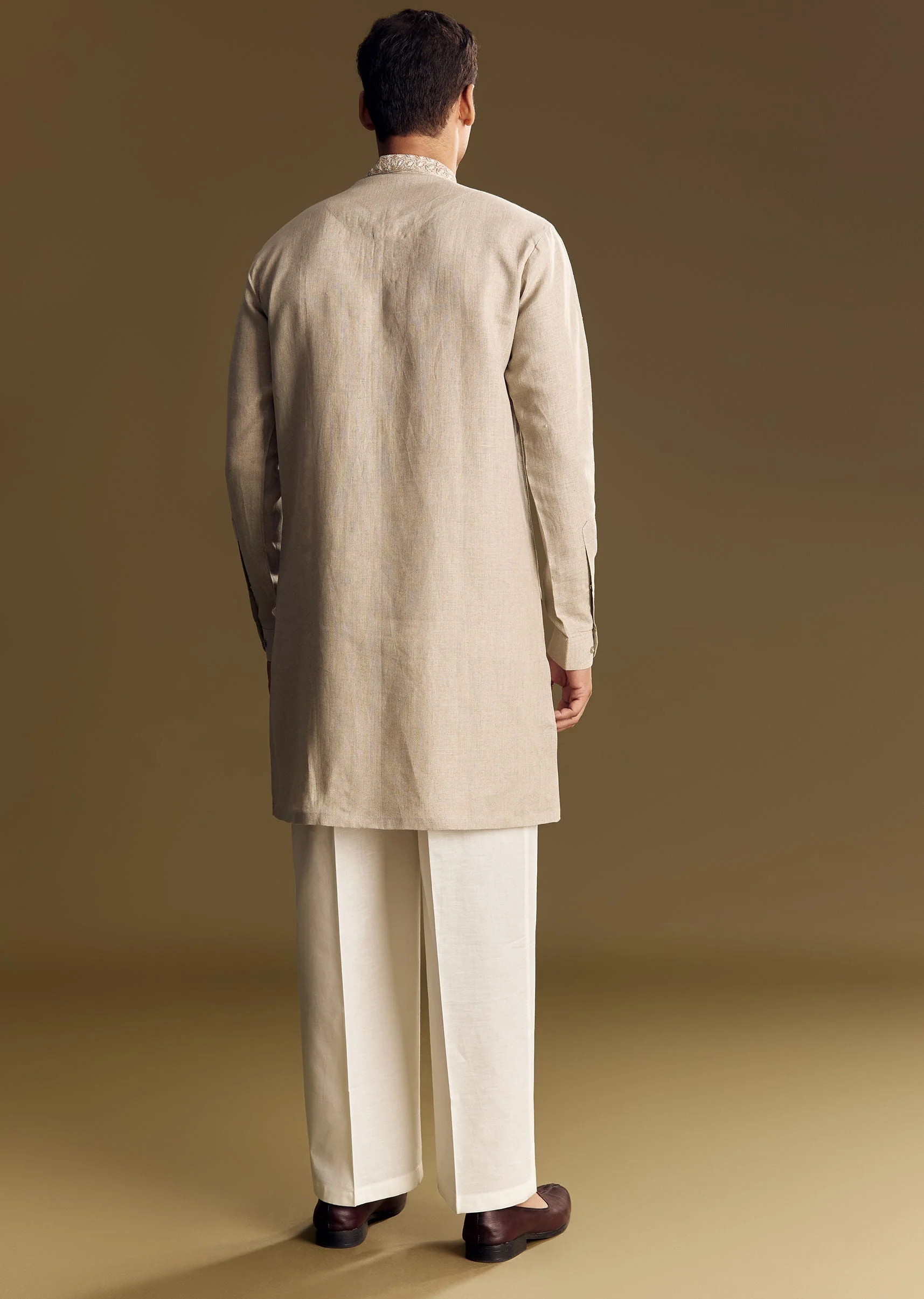Beige Linen Kurta Set With Thread And Sequin Accents - Image 5
