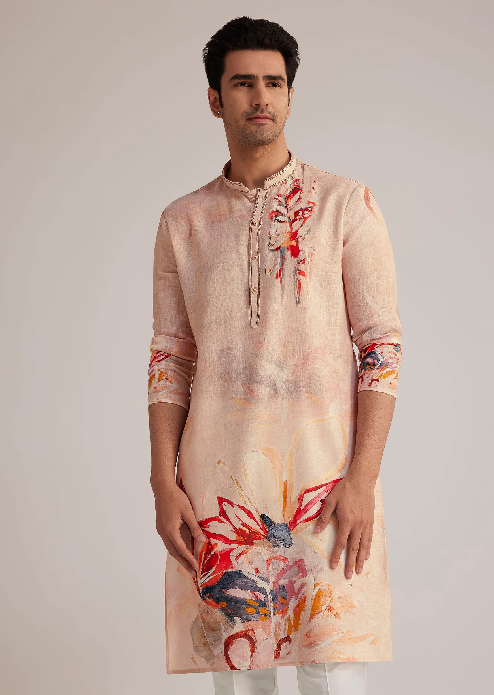 Beige Linen Kurta With Floral Print - Image 2