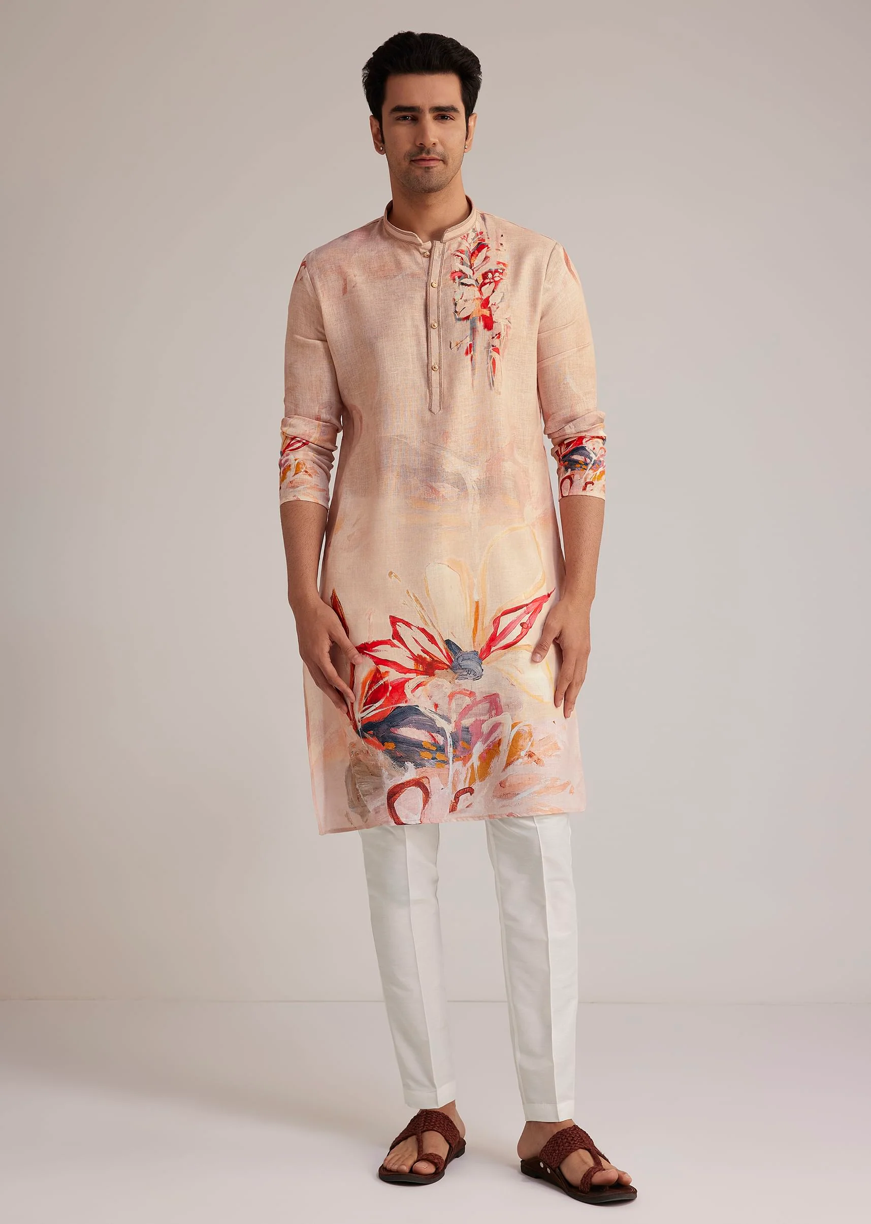 Beige Linen Kurta With Floral Print - Image 3