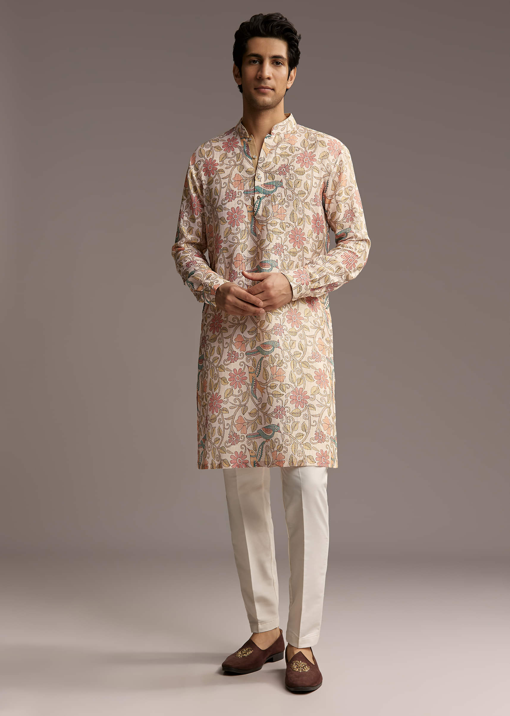 Beige Linen Printed Kurta Set For Men With Embroidery - Image 2