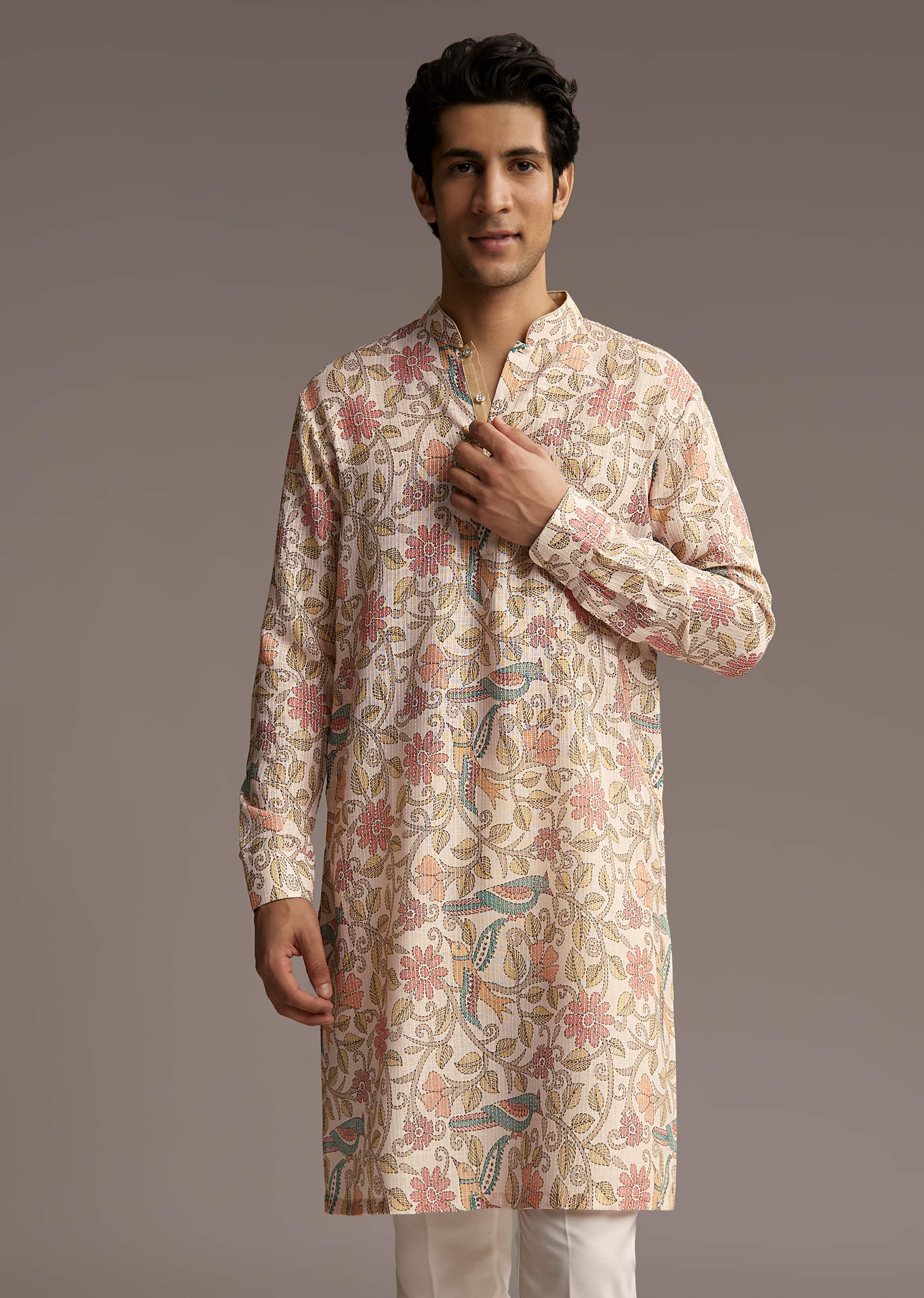 Beige Linen Printed Kurta Set For Men With Embroidery - Image 3