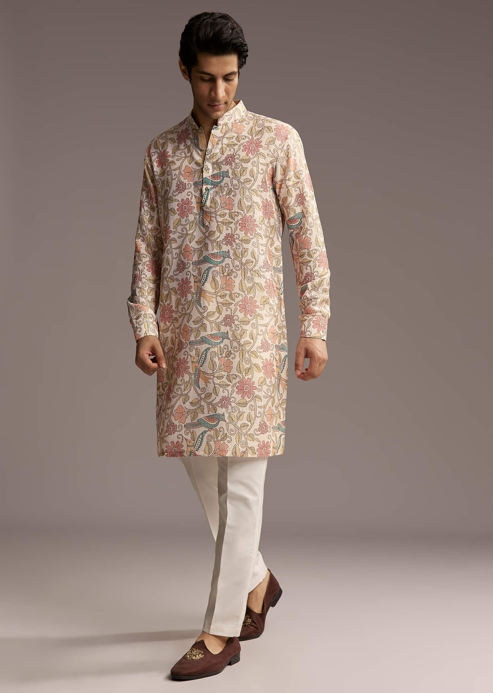 Beige Linen Printed Kurta Set For Men With Embroidery - Image 4