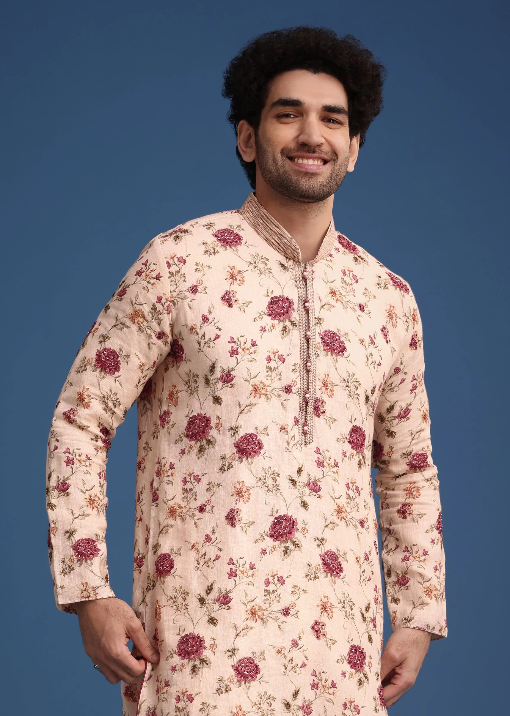 Beige Linen Printed Kurta Set With Floral Motifs - Image 4