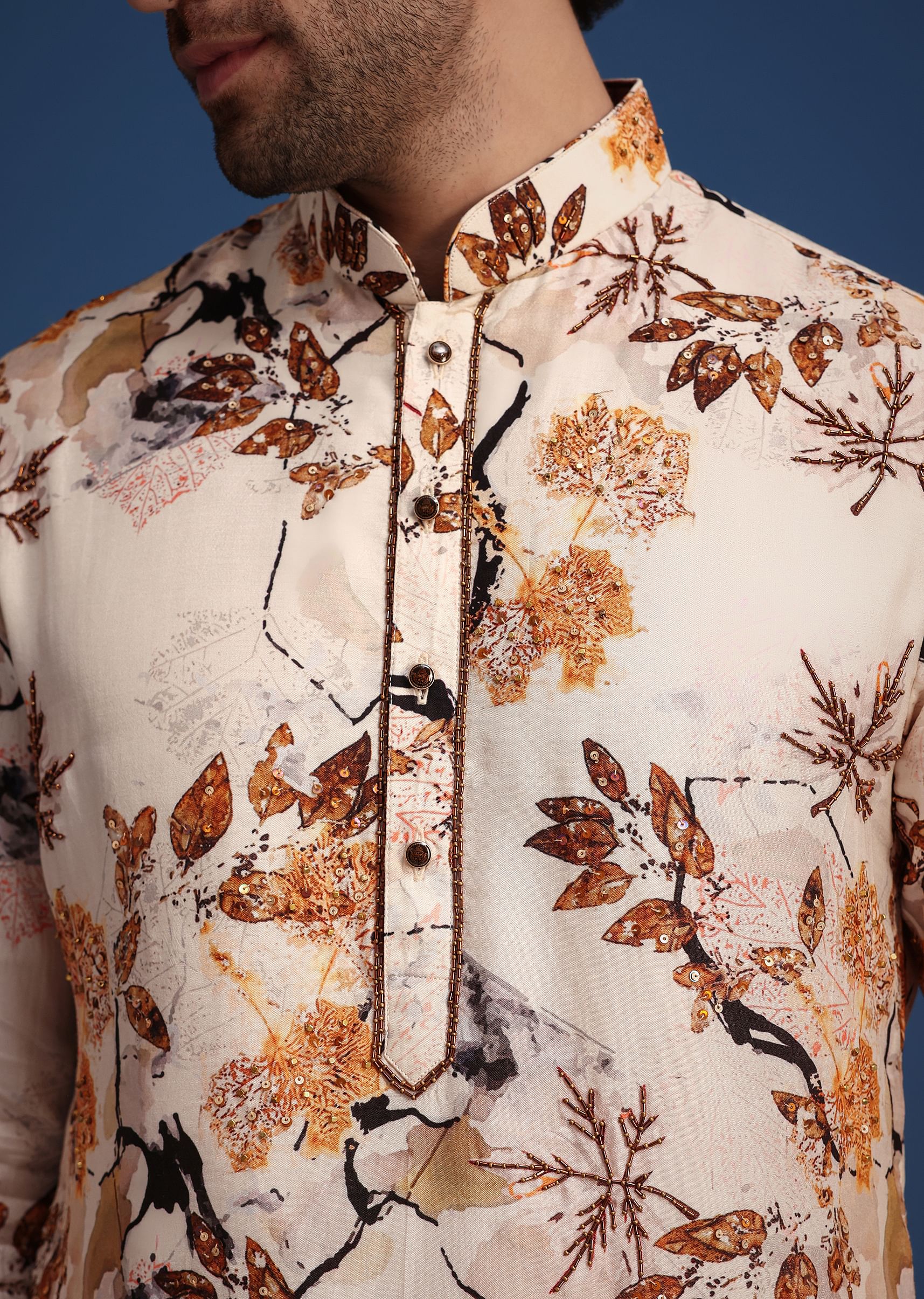 Beige Linen Printed Kurta Set With Leaf Motifs - Image 2