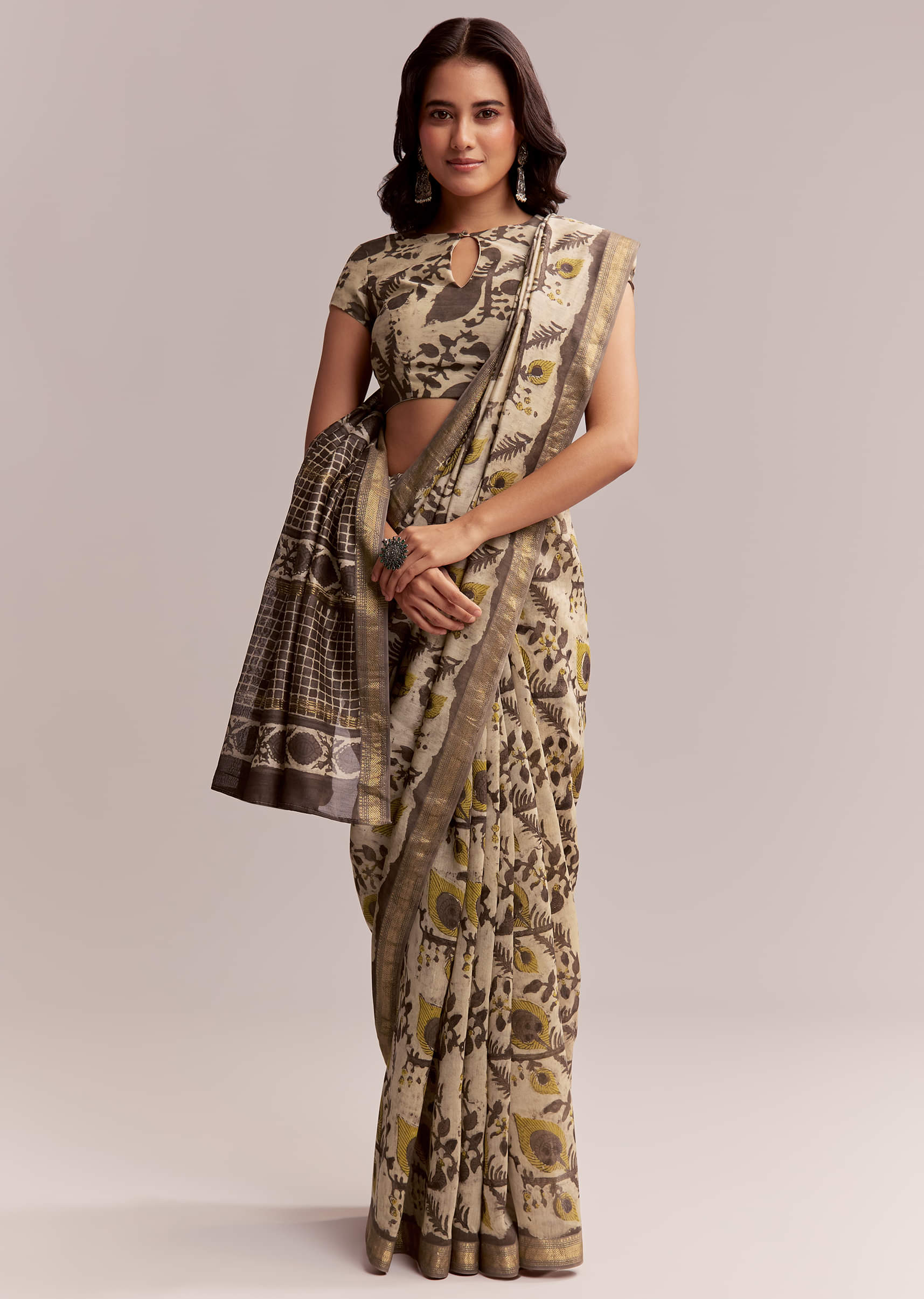Beige Linen Printed Saree With Hand Block Ajrakh Print - Image 3
