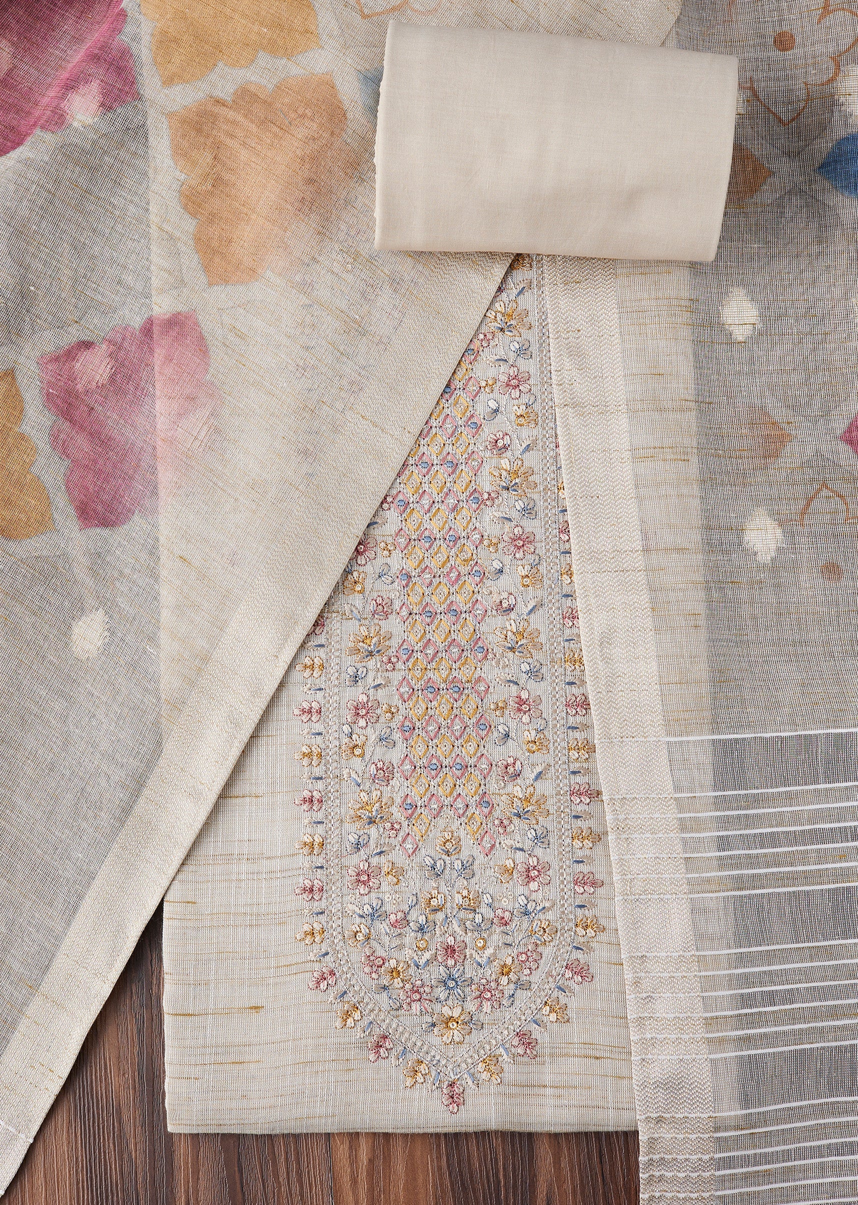 Beige Linen Printed Unstitched Suit