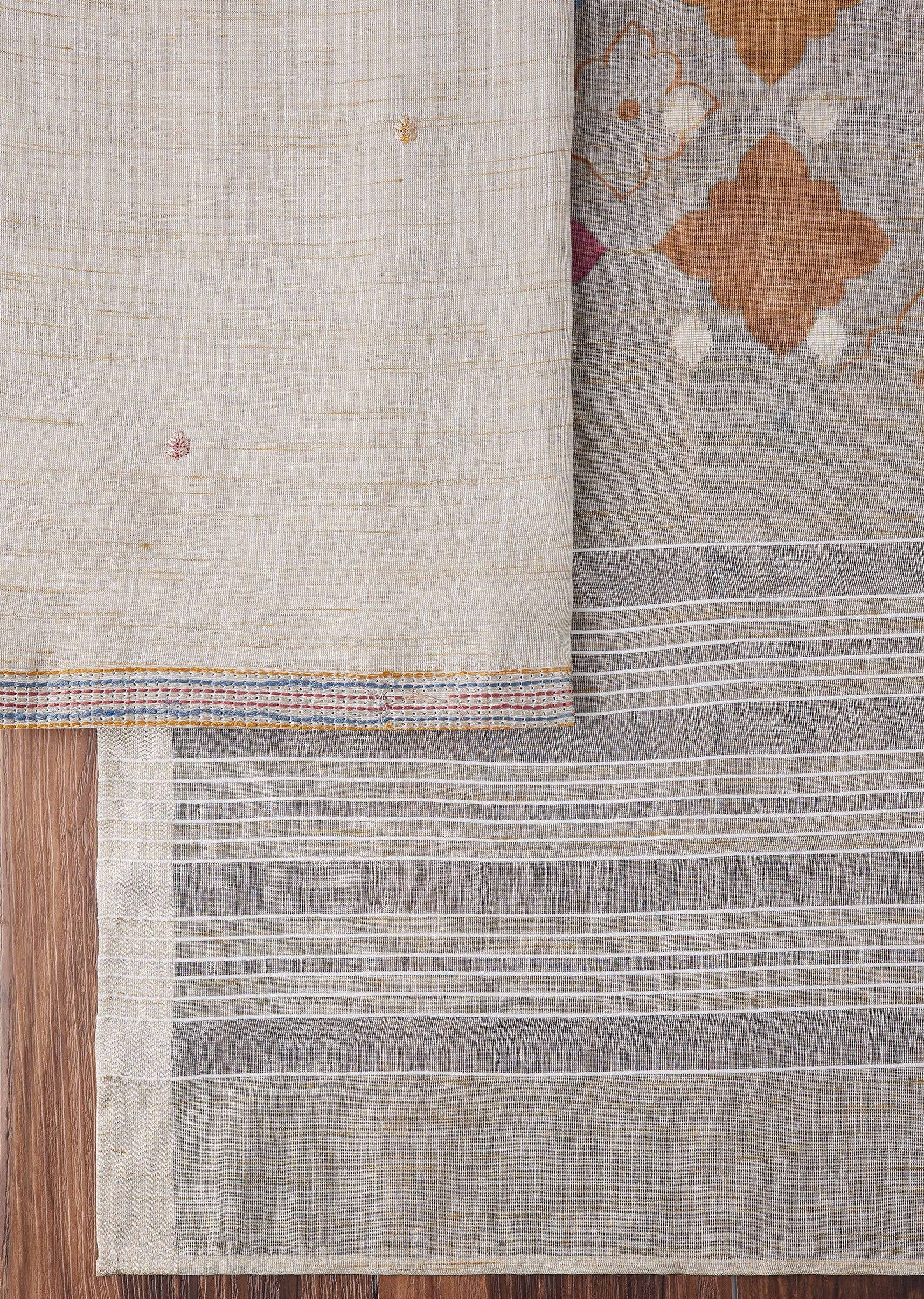 Beige Linen Printed Unstitched Suit - Image 3