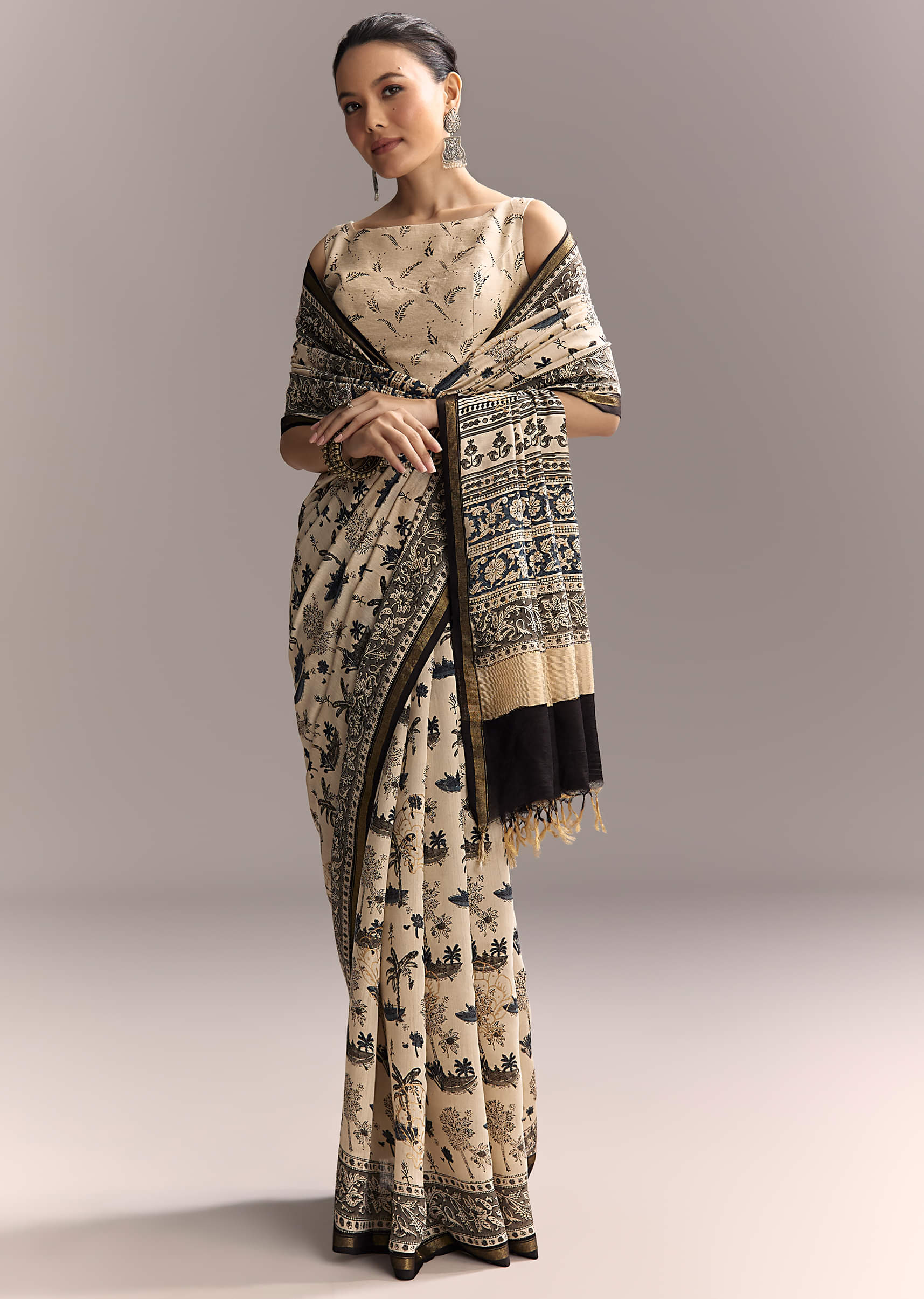 Beige Linen Saree With Black Hand Block Ajrakh Floral Print - Image 3