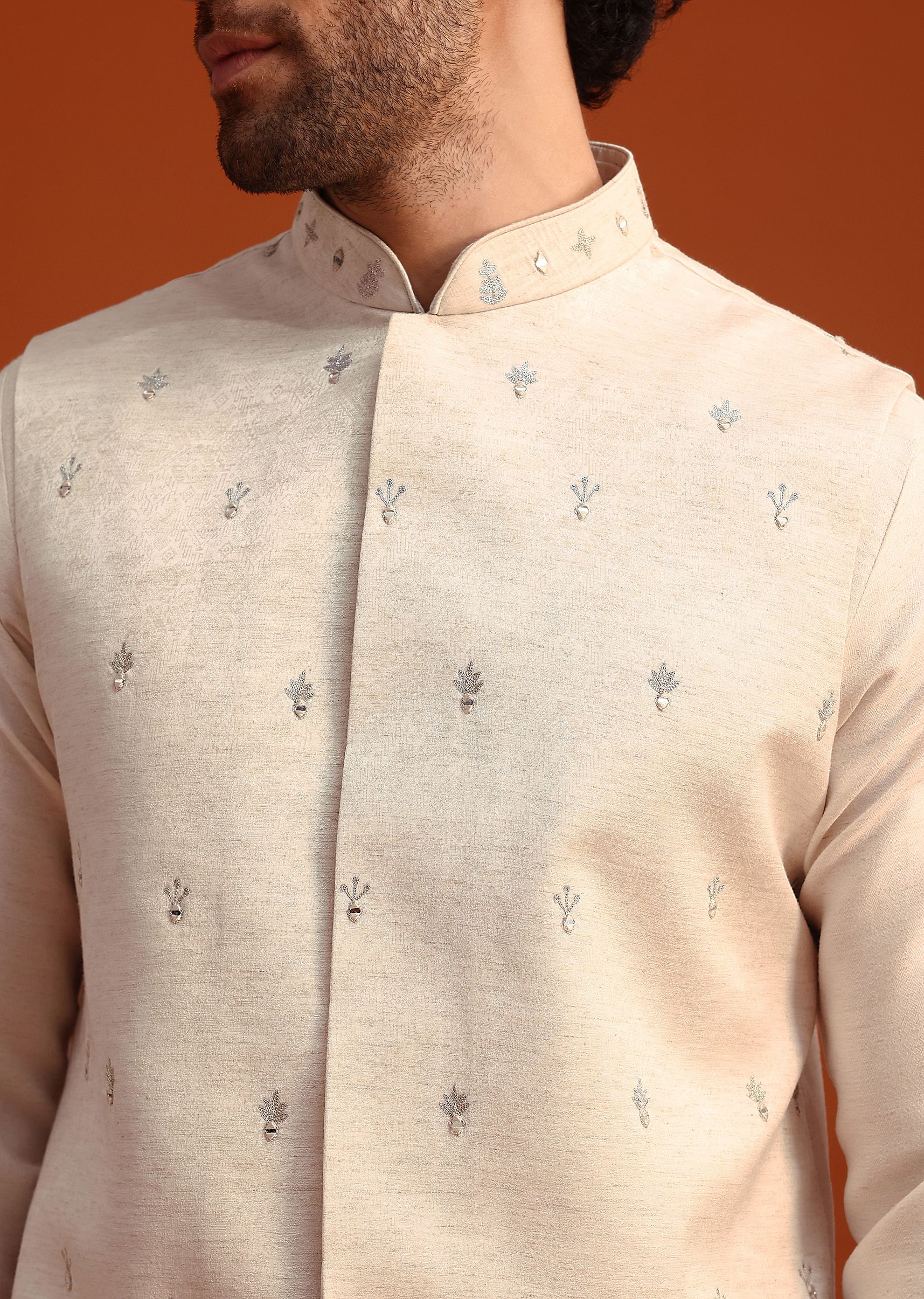 Beige Linen Silk Jacket Kurta And Jacket Set With Aari Work - Image 3