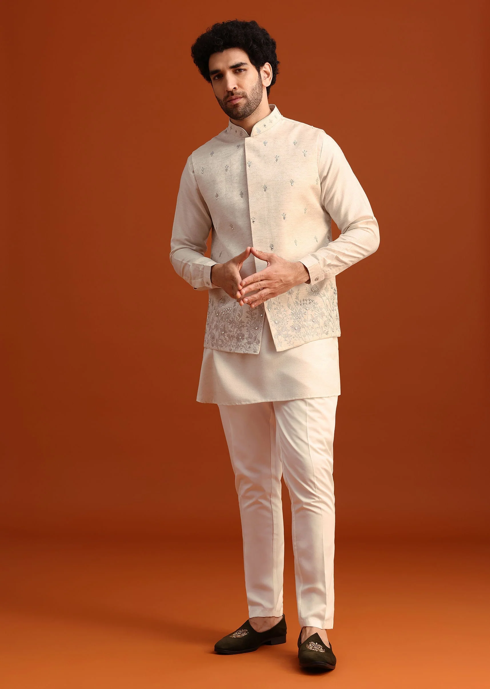 Beige Linen Silk Jacket Kurta And Jacket Set With Aari Work - Image 4
