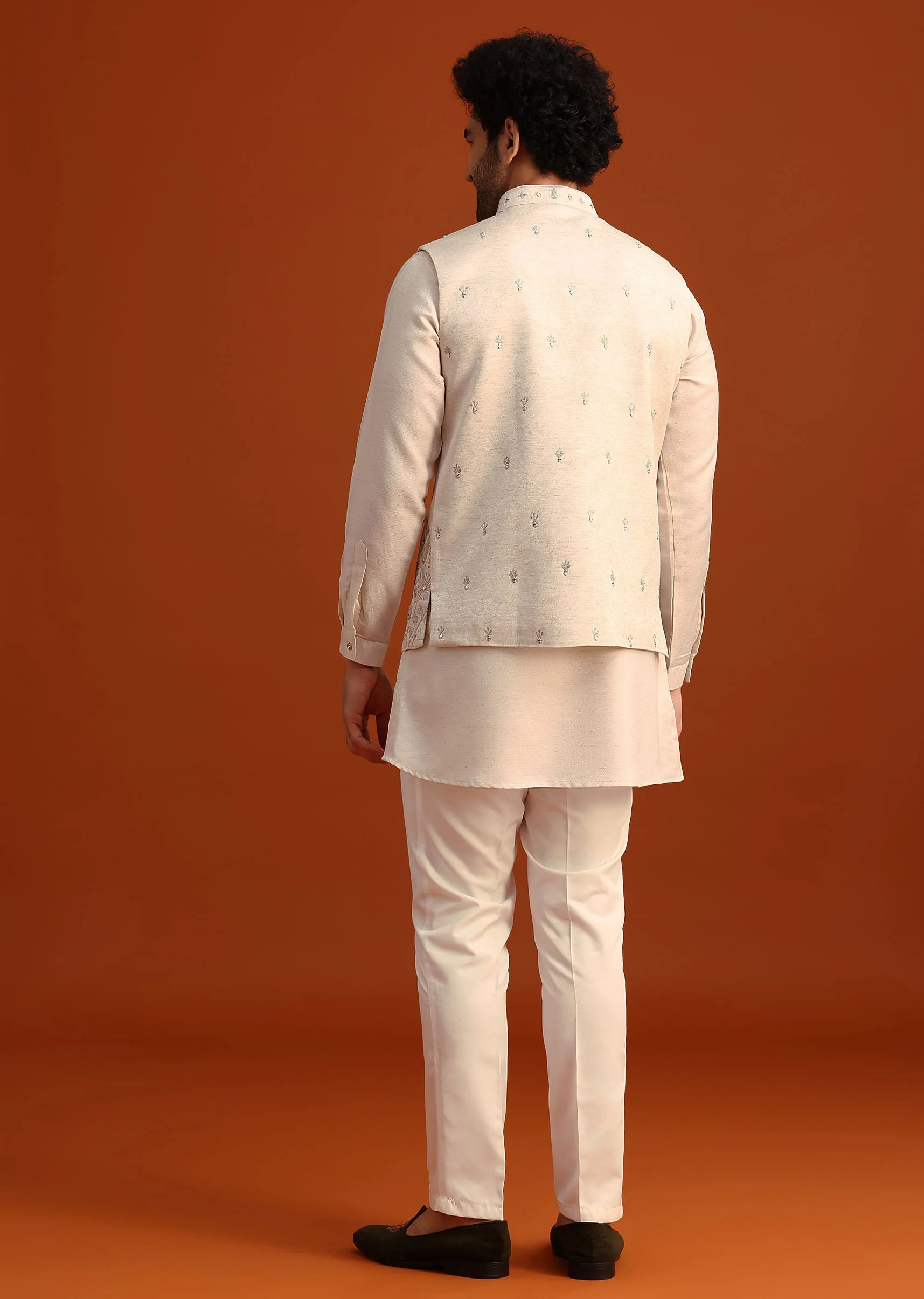 Beige Linen Silk Jacket Kurta And Jacket Set With Aari Work - Image 5