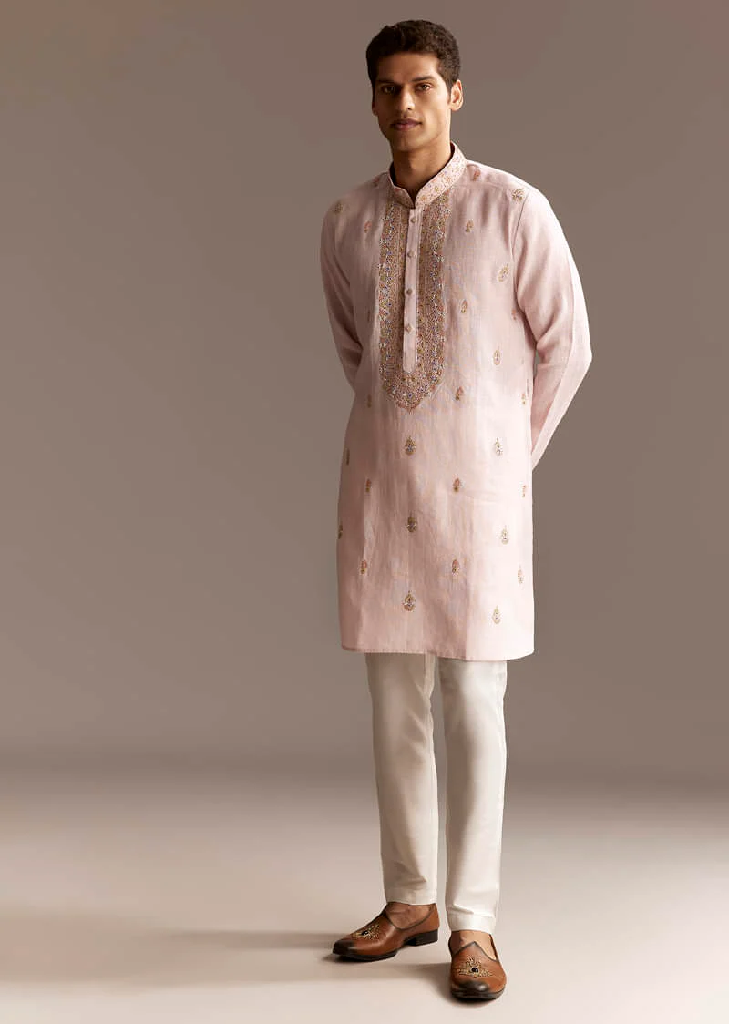 Beige Linen Thread Embroidered Kurta Set - Image 2