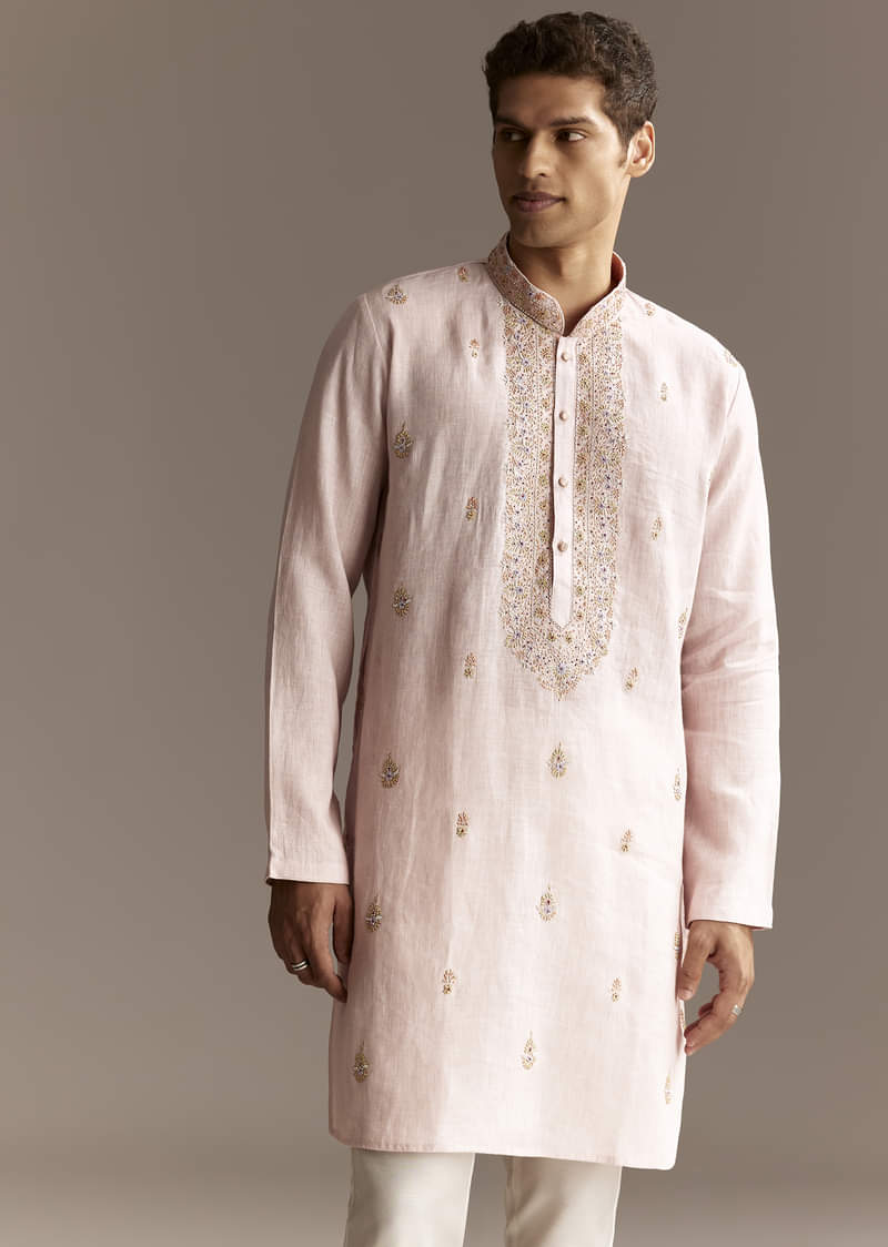 Beige Linen Thread Embroidered Kurta Set - Image 3